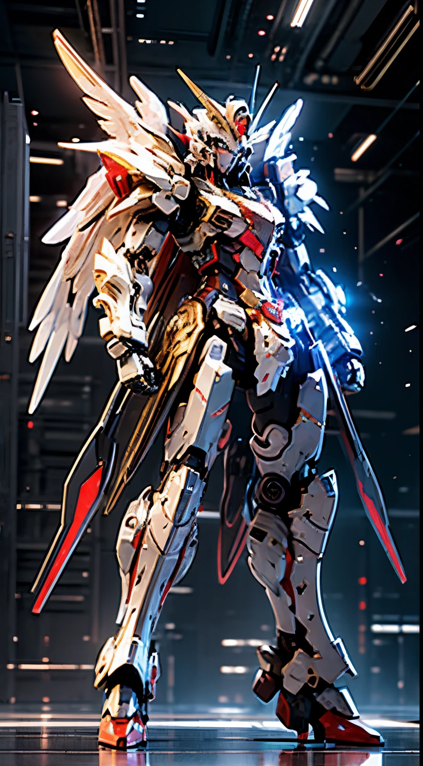 (masterpiece), best quality, UHD, nice body, expressive eyes, perfect face, beauty face girl, 1girl, solo, natural beauty, ishtar, ishtar fate, Purple Eyes, black hair, Gold hair ribbon, long hair, twintails hair, ribbon, sidelocks, two side up, black thigh highs, Humanoid, Simple armor, Red and White color Armor suit, Valkyrie, Astray Red Frame, Armor chest, safety breast, thighhighs, Sky background, stand, standing, standing full body, character sheet, upper body, portrait, looking at viewer, Gundam backpack, medium breast, Fly high, full body