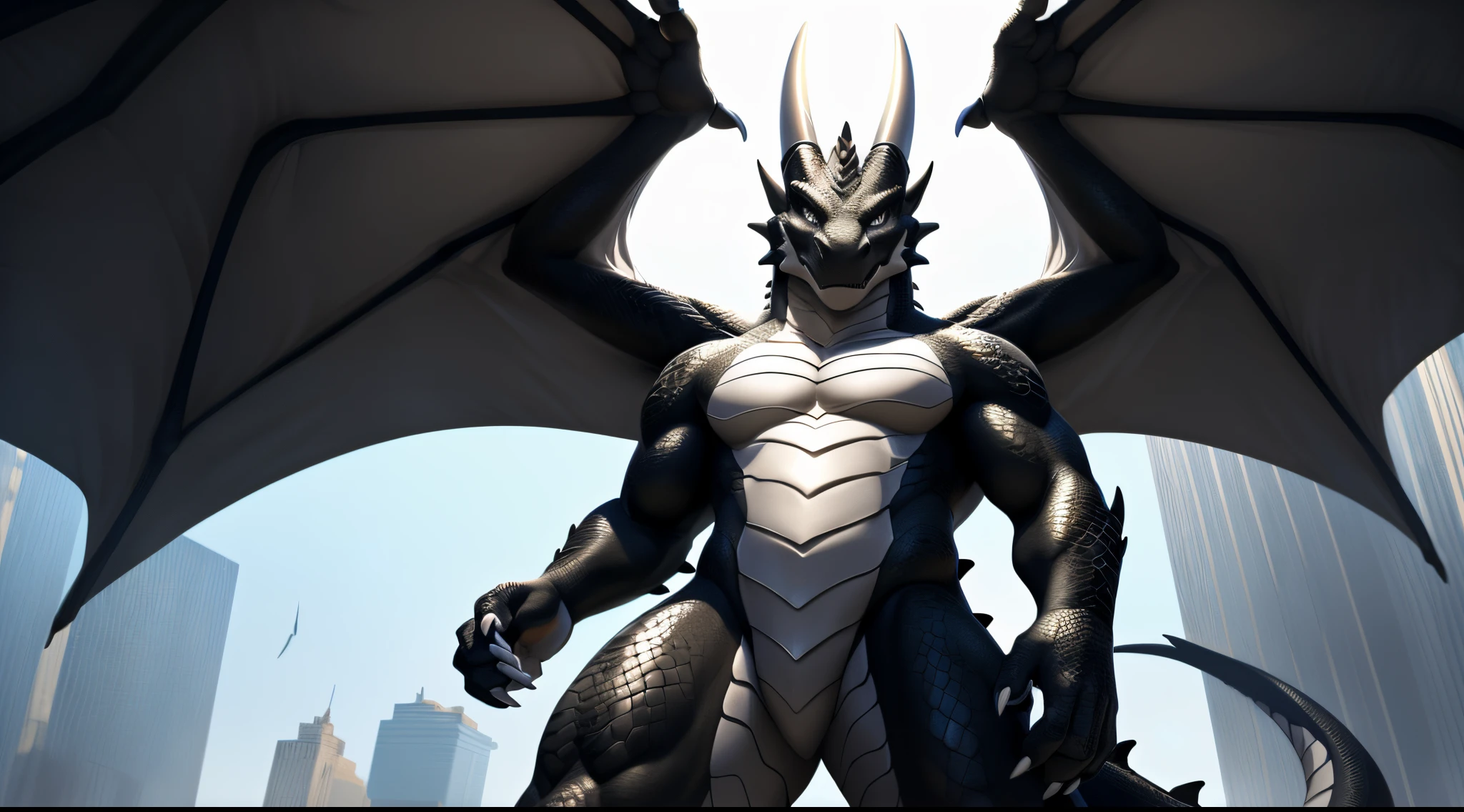 ((nj5furry, solo, upper body perspective, masterpiece, chest level shot, standing, calm expression, anthro, dragon, looking at viewer, high resolution, 4K, photorealistic)), male, adult, ((dragon-face, leathery wings, detailed scales, extremely detailed, muscled body, medium-length tail, scales, three toes, two-tone scales, white and black body)), grey eyes, high contrast, dynamic composition, (five fingers, clawed fingers, white claws)