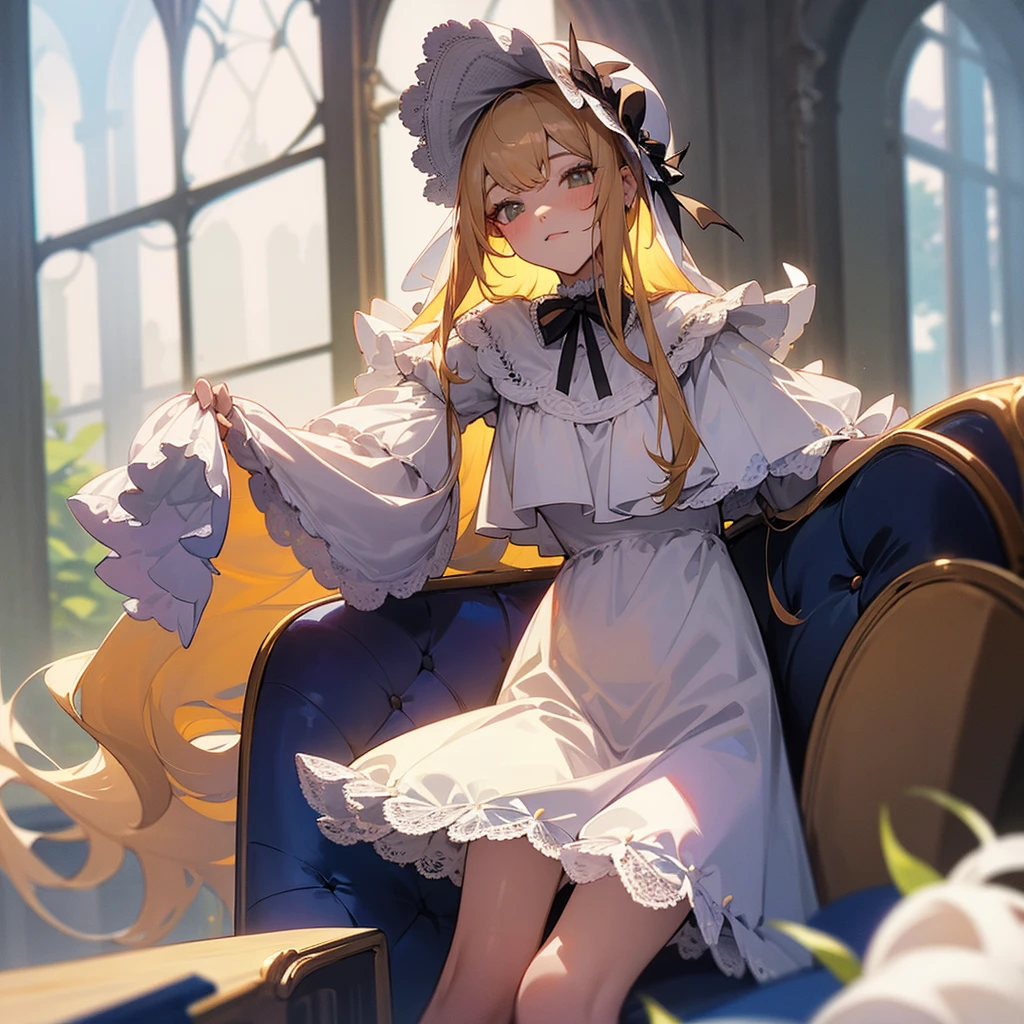 Vêtements de dentelle sexy cosplay père Noël bonnet de nain , couché, épaules nues, fesses, vêtements en dentelle pour les jambes, haut garni de dentelle, cheveux blonds, taches de rousseur, lit, chapeau
