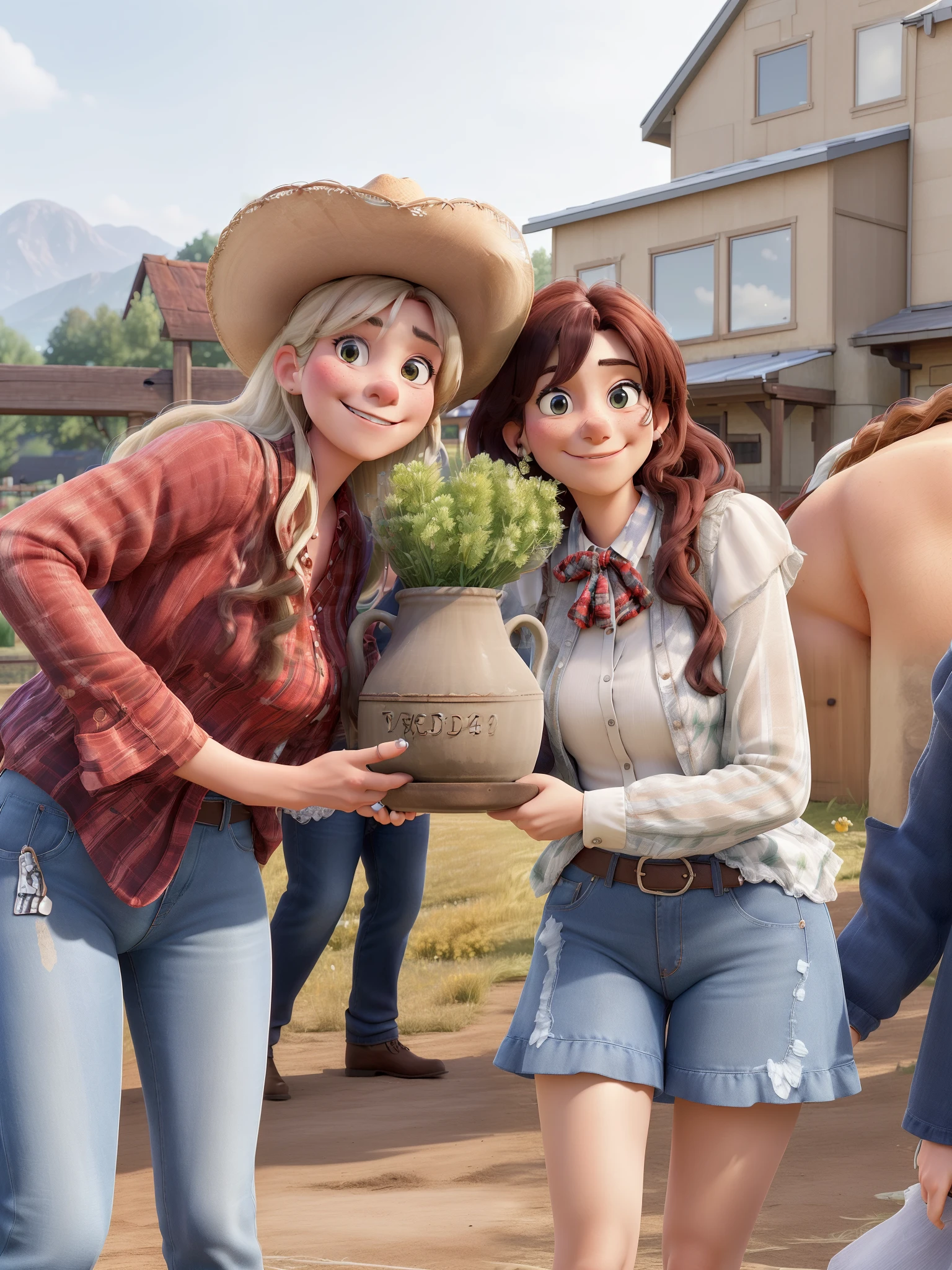 two women are posing for a picture while holding a pot, 🤠 using a 🖥, competition winning, by Frederik Vermehren, the best, wining, edited, 🐎🍑, by Daniel Lieske, 2019, 2 0 1 9, by Else Alfelt, 👰 🏇 ❌ 🍃, beautiful surroundings