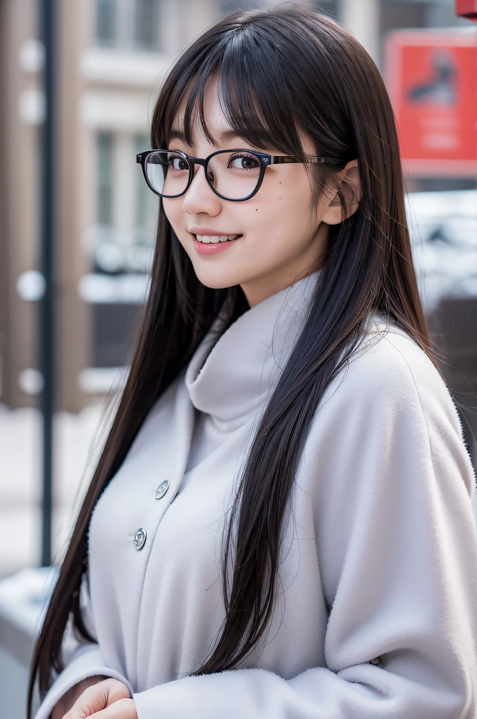 ((japanaese girl)), 8K, Raw photo, Best Quality, ultra-detailliert, Ultra High Resolution, Realistic, photographrealistic, high-definition RAW color photography, professional photograpy, Extremely detailed, 8K Wallpaper, amazing, finely detail, Huge file size, extra detailed face, extremely detailed eye, highlydetailed skin, extremely detailed fingers, highly detailed nose, highly detail mouth, Perfect Anatomy, Highly detailed background, Realistic body, Good figure, blown hair, Cute face, Photography, (Happy smile), Perfect Skin, Perfect Anatomy, (glasses), (Mole), swept bangs, ((winter)), long coat, muffler, full black eyes,