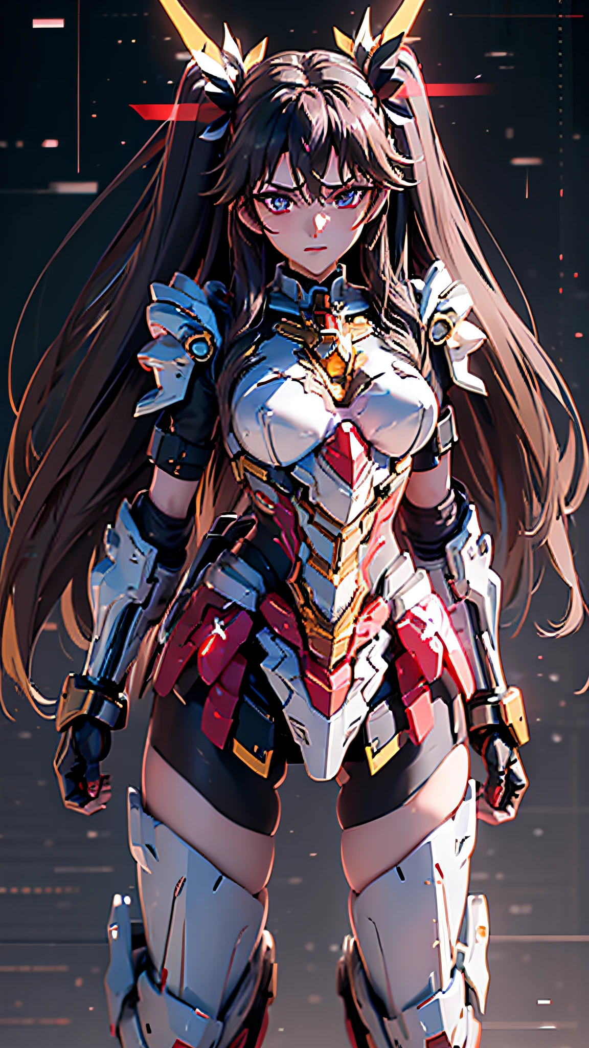 red translucent armor，Arm mecha，Short golden hair，Long ponytail hairstyle，Large Breasts，Cleavage，Pistol hanging from waist，fighter pilot，fighter hangar，sexly，Lipstick，Miss，Golden Eyes，stockings，Short skirt，action，In battle，Portable electromagnetic thunder cannon mounted on the back