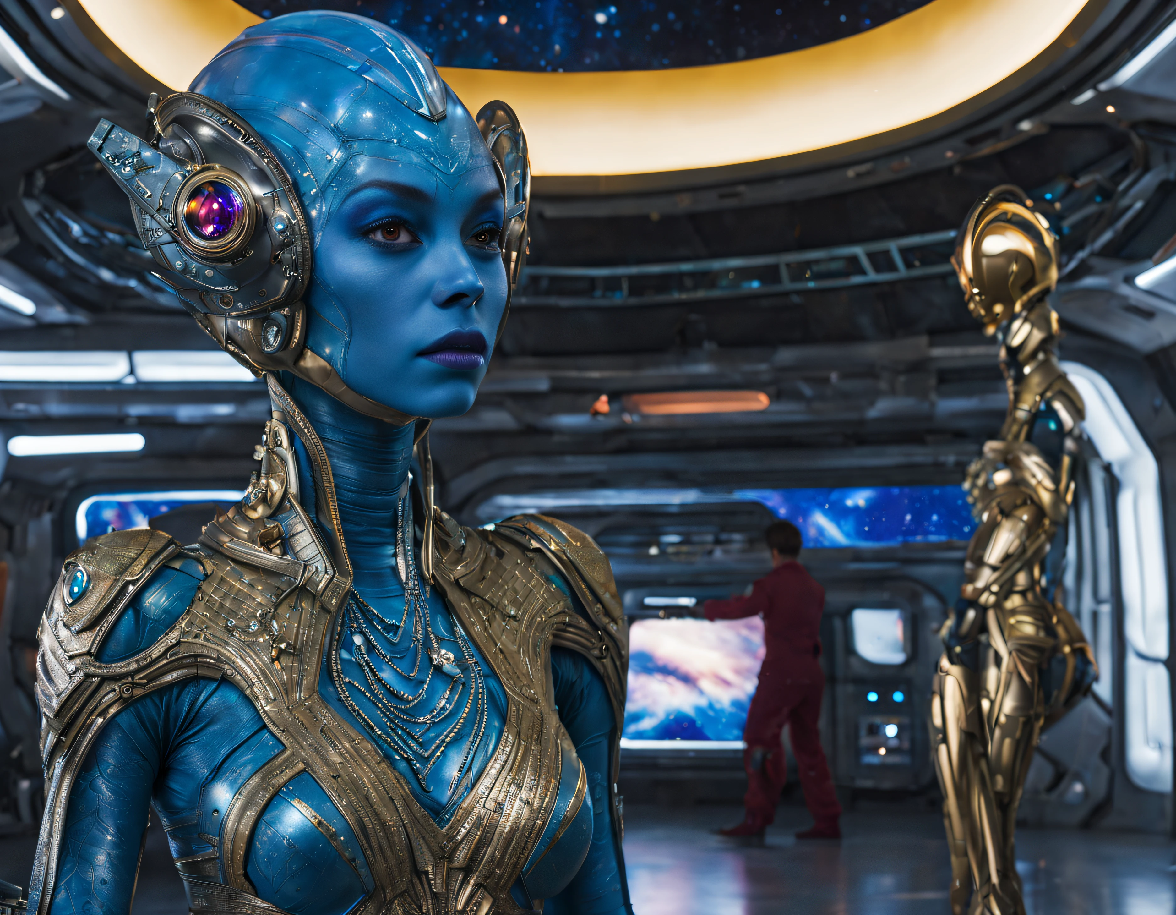 (cuerpo completo), extraterrestrial alien female similar to Lihö-Minaa princess of the people of the planet mül from the film Valerian and the city of a thousand planets , cuerpo atletico y exuberante, vestida de traje de noche corto, engarzado con oro refulgente, priedras preciosas de colores y diamantes, piel ligeramente anaranjada, ((se encuentra en centro de control de estacion espacial)), detalles intrincados de la maquina de alta calidad), estilo cinematografico, nitidez absoluta, imagen 8k.(obra maestra).fondos de pantalla, ultra detallado.