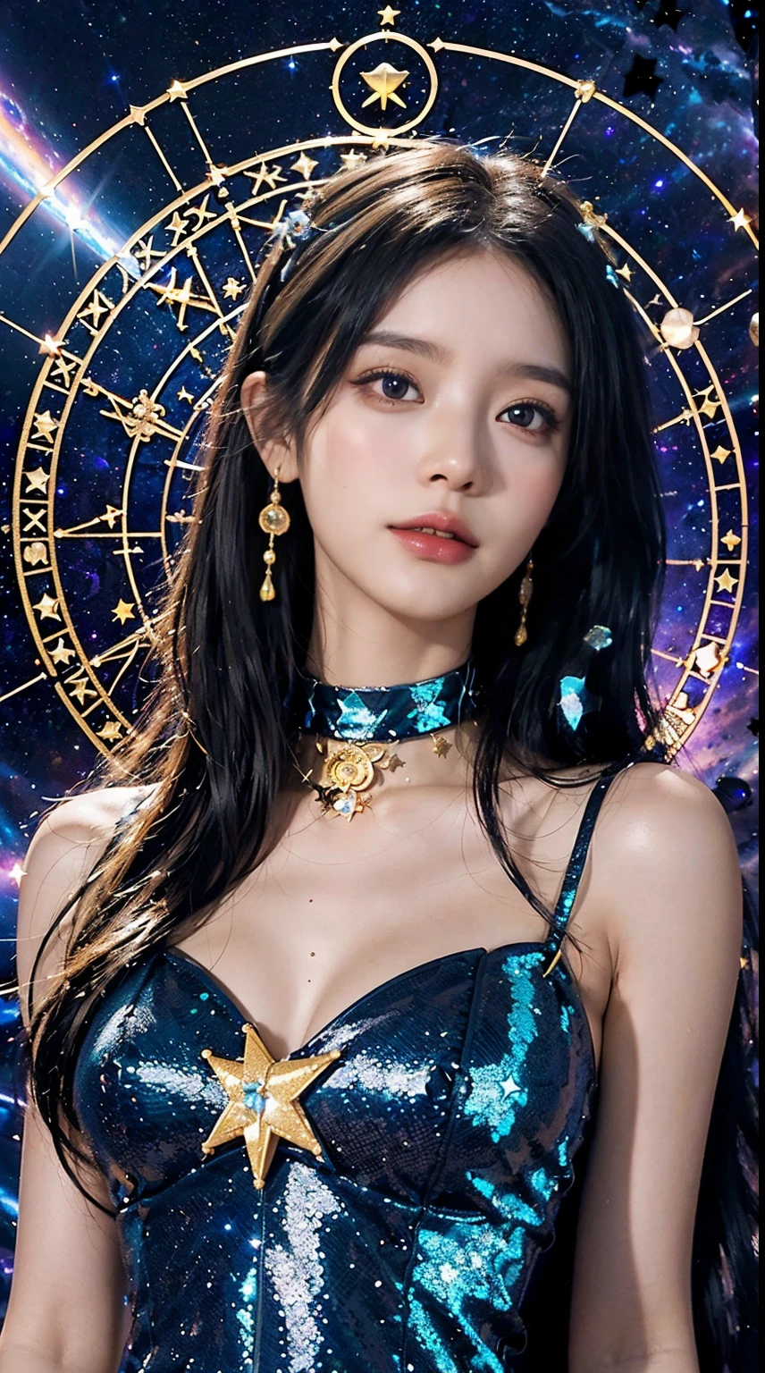 1 2, 1 zodiac goddess from the future, 12 Zodiac goddess pink-purple, 12 Zodiac goddess Audai thin sexy yellow deep slit chest, 12 zodiac Ao Dai many details black lace deep slit chest, Goddess mythology 12 zodiac signs from the future, chineseZodiac, Luxurious sparkling zodiac style, dark and mysterious version, zodiac crown, Red lipstick, thin and pretty lips,don't smile,Keep one's mouth shut,Characters created by Carol Barker and Pino Dianey,Complicated details,detailed back ground,extremely detailed nipple,Light magic,A woman of one,full bodyesbian,s the perfect face,Clear face,Look at the face of the goddess of the zodiac,Blooms' chest, Big and round breasts,Long hair with flat bangs,beautiful detailed face and well-proportioned eyes, (Yellow eyes:1.8),Big round eyes and very beautiful and detailed makeup,Visionary,Wearing a long silk shirt,Mysterious makeup,Flat bangs and dyed light gold,The upper body is the zodiac sign of the goddess,Physically,Arms hanging down, Realistic and vivid images, (The stars that make up the zodiac:1.7), (Constellations in sky background and broken doors of space-time,textured:1.8),fiction art,RAW photos,hanfu photos,best photos,Highest high resolution,best qualtiy,Best photo quality,8K quality,8K extreme,Ultra photo realsisim,The most realistic photo,12 zodiac goddess portrait art,12 symbols behind the 12 constellations,Single goddess portrait 1 constellation, Most realistic color scheme, best photo color, tmasterpiece, Hair decoration, choker necklace, jewely, Nice face, The upper part of the body, Tyndall effect, photograph realistic, dark studio, Border light, Bright in two shades, (highdetailskin: 1.2), 8K UHD, digital SLR camera, softlighting, high high quality, volumettic light, realisticlying, snapshot, A high resolution, 4K quality, 8k, bokeh, Smooth and sharp, 10x pixel increments, Female sexy zodiac goddess, sexy zodiac goddess,