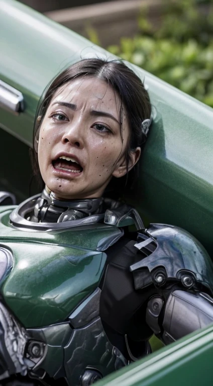 ((lying on your back on the ground))((Fulll body Shot))Middle-aged woman　Sweaty face、green weight robot suit、dirty dark green armor, Black hair、Heavy Cyborg、Sweaty face、、Open the legs、((heavily damaged armor))、(Armor that received a terrible attack)Opening Mouth、、((Drooling from the mouth..)) sexy eye　Cracks in the ground、Blood from the mouth、whole body is damaged、groggy expression、blood from the body　Wrinkles between the eyebrows　(being carried on a stretcher)