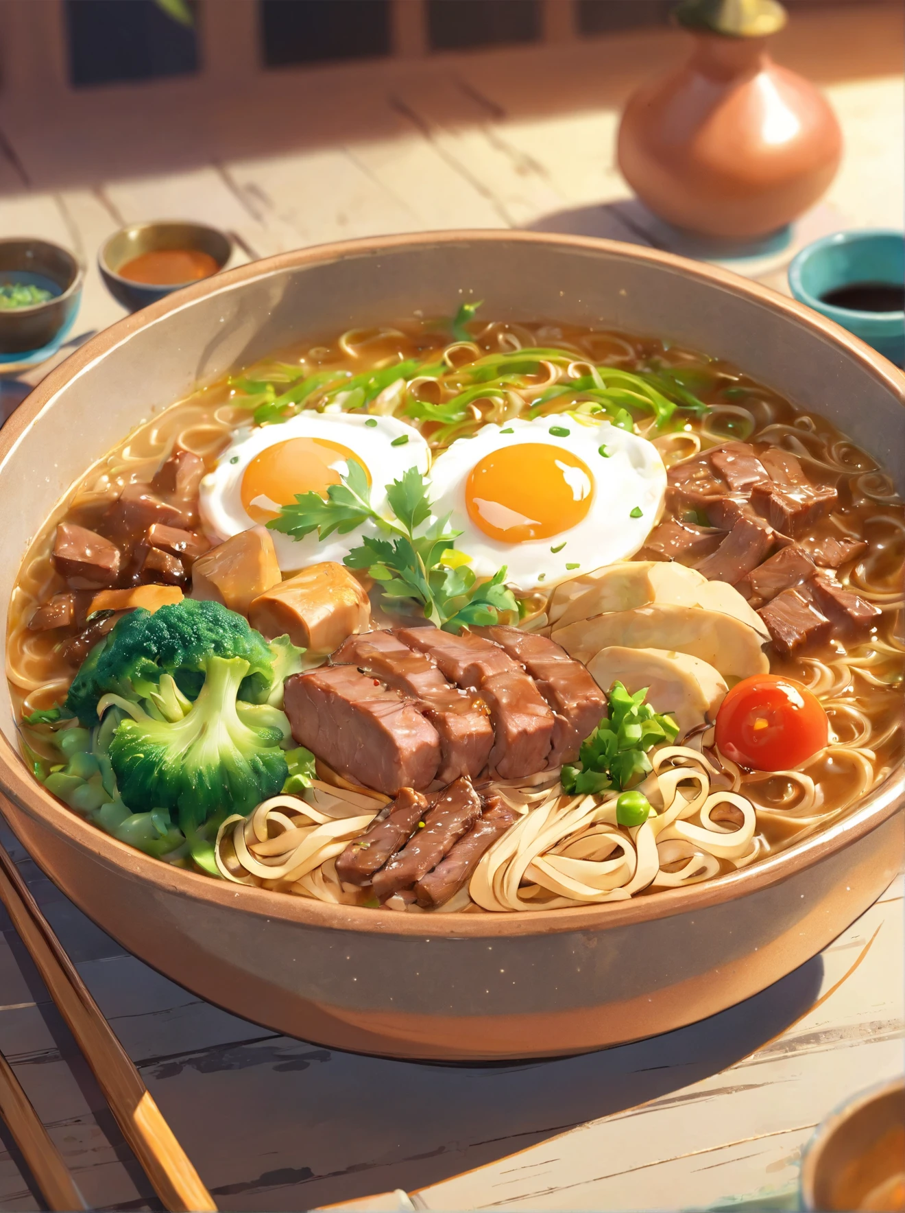 A bowl of beef noodles，Fresh vegetables，The poached egg aroma is overflowing，The brown shells are delicious，It was delicious，Pepper has a strong flavor，The yellow bamboo shoots are crispy and delicious，The fungus has a delicate taste，The final taste of tofu is great，High detail, Ultra detail, complexdetails, finedetail, Ultra detail, Super detail, Cinematic, Surrealistic soft light, Studio lighting, diffused soft lighting, Shallow depth of field, Sharp focus bokeh, Ray tracing, Subsurface scattering, Diffuse reflections illuminate hyperdetails, (Complexity, detail, Ultra detail, Super detail), Cinematic, Hyperrealistic