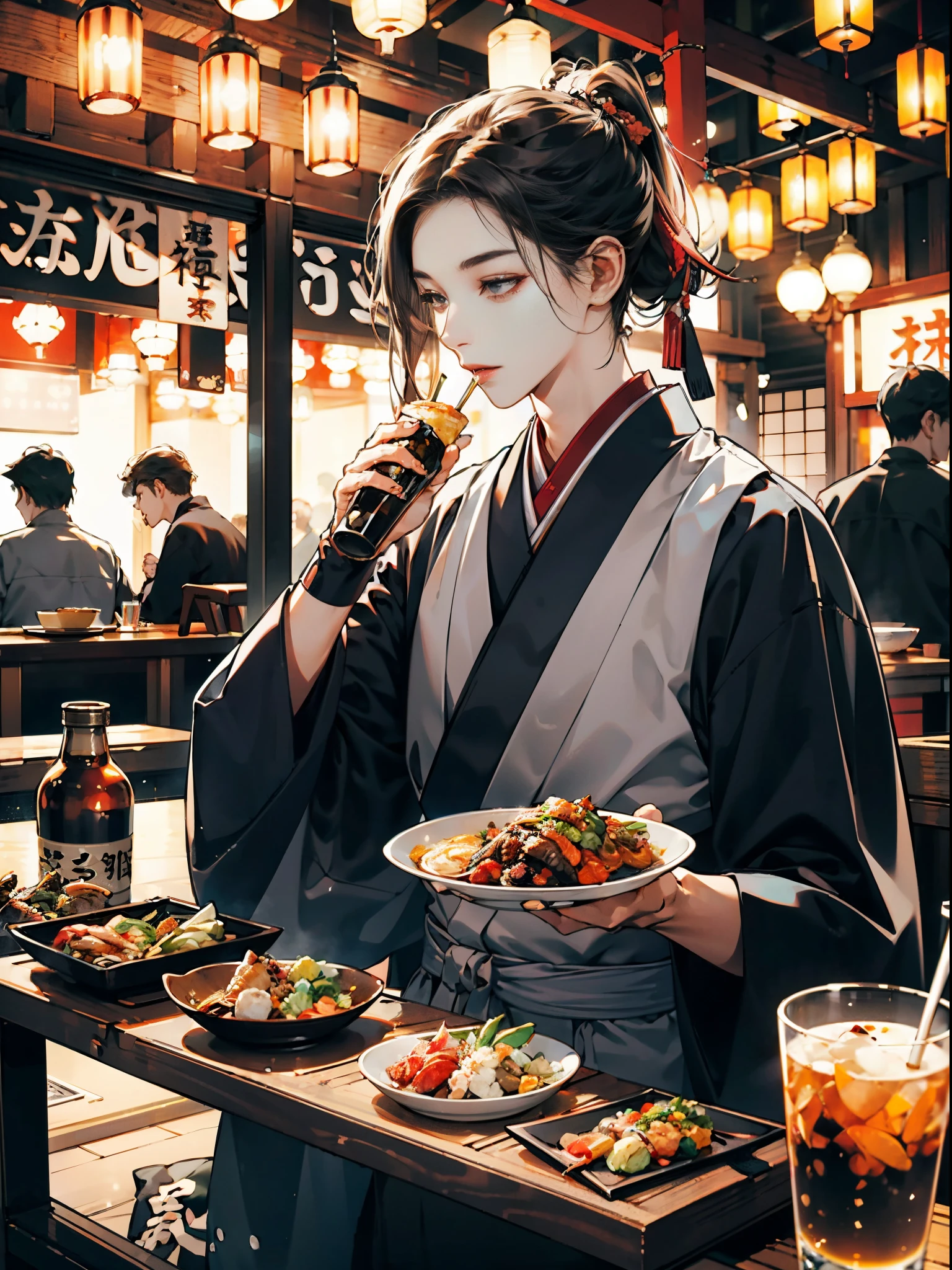 Six men and women eating and drinking at an izakaya in Tokyo