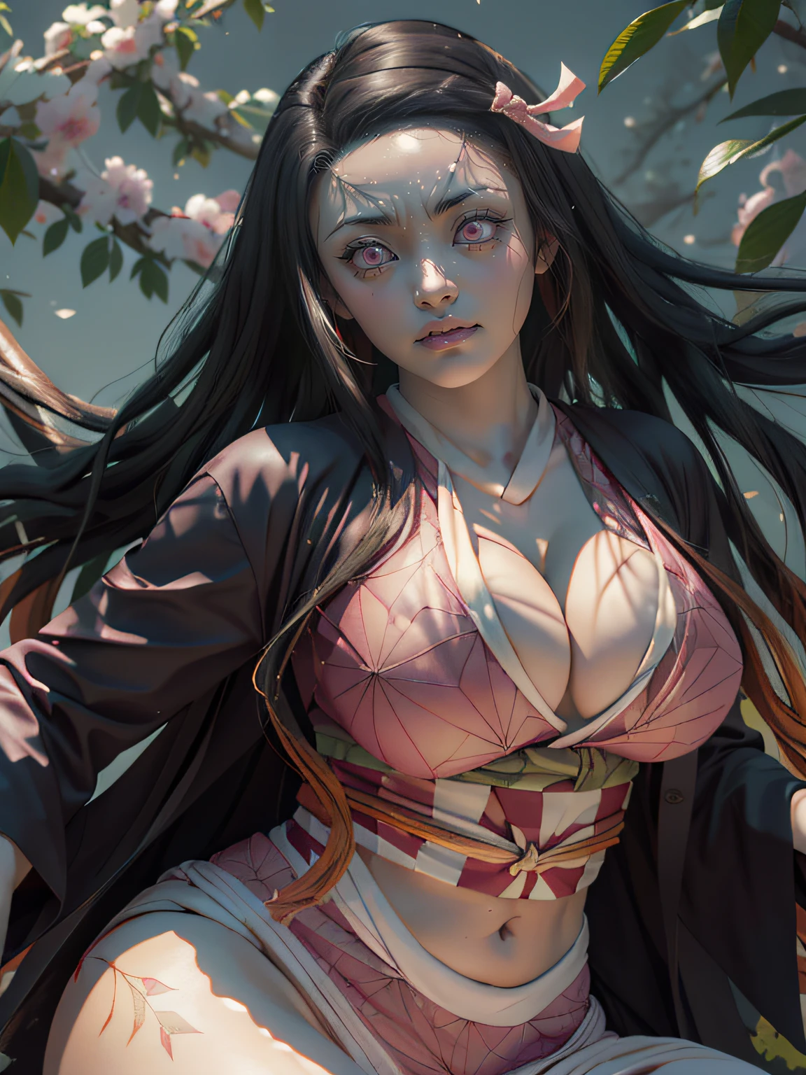 (ultra realistic photo of Nezuko kamado goddess of beauty, bright pink eyes, angry angry expression, 8k, UHD, hottie with ultra giant breasts, huge long breasts sticking out of the kimono, with long black hair and orange tips, sexy Japanese kimono dark pink, she doesn't wear panties showing her tattooed , pubic hair showing), Nezuko with a piece of bamboo stuck up her ass, (Nezuko, Nezuko-chan, Demon Slayer art style, kimetsu no yaiba), Anime character female hentai, (Nezuko, in her demon form, huge breasts, giant long breasts sticking out of her clothes, her breasts sticking out of her kimono, showing beautiful pointy breasts), (the length of her ultra giant breasts goes up to her toned belly, she has leaf tattoos running down her erotic sexy body), Demon Slayer rui fanart, wielding kunai, Marin Kitagawa Fanart, clean and detailed anime art, a very beautiful berserker woman, by Kamagurka, professional art, perfect detail, (Nezuko kamado na her demonic form showing her giant, hairy , based on the Demon Slayer kimetsu no yaiba), nudes,