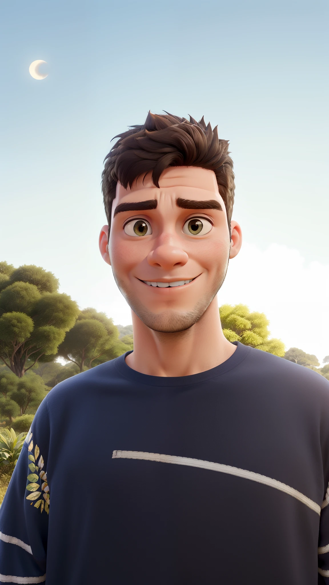 Obra-prima, de melhor qualidade, jovem com cabelo curto e topete arrumado. Bonito de blusa preta de linho. Fundo de paisagem, arvores e um pouco de folhagem da arvore aparecendo no fundo e por do sol.
