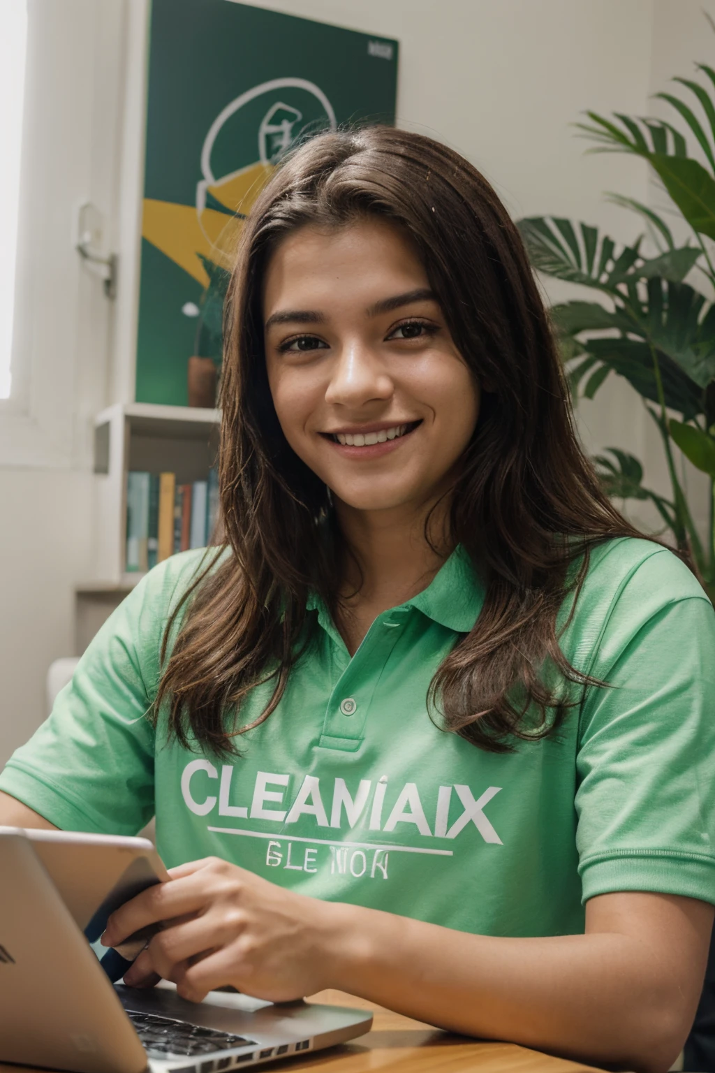 Cartaz com um jovem bem feliz por esta aprendendo microsoft excel no seu notebook, no conforto de sua casa, bem iluminada, confortavelmente. O quarto clean. Jovem com uma blusa da cor verde folha, de gola polo, o jovem de frente ao notebook olhando para o leitor passando uma imagem de felicidade e provocando no leitor um desejo de esta aprendendo excel