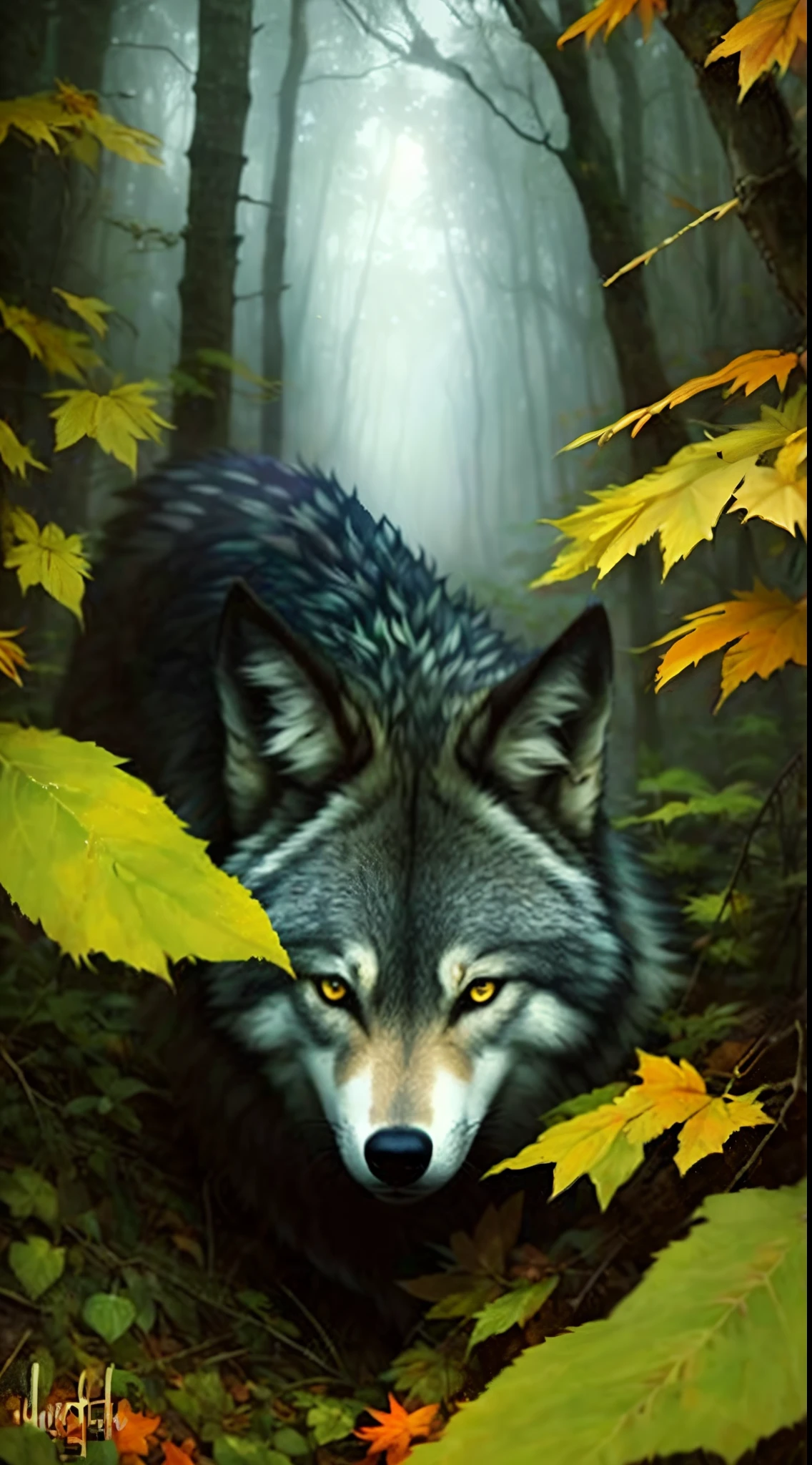 uma pintura de um lobo na floresta com folhas, retrato do lobo da fantasia, Lobo cinzento escuro O'Donnell, lobo, grande lobo, Ele tem olhos de lobo amarelos, lobo cinzento escuro, selvagem, retrato do lobo, Lobos e seus tesouros, Retrato da floresta Gog, lobo, foto de lobo, an anthropomorphic wolf, 3 0, companheiro lobo