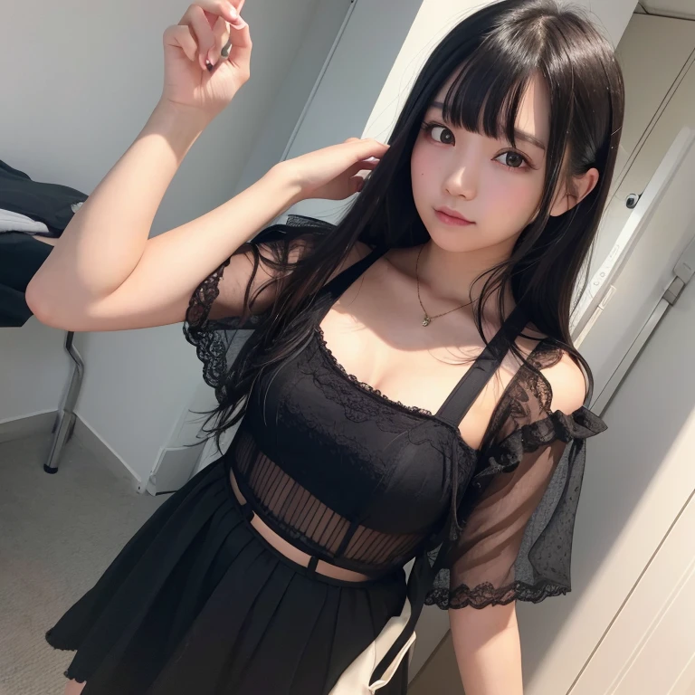 (Highest quality, masterpiece, Ultra-high resolution, 8k, RAW Photos, Realistic, Anatomically correct:1.5), 20-year-old girl:1.2, Embarrassing, avert your eyes, blush:1.0, View Viewer, ((bar)) 、Large windows、Night view、 Light:1.2, Bokeh, Cinema Lighting:1.0, Depth of written boundary, sharp、 Cute Face、Idol、(Black short sleeve lace top)、(Black tulle skirt)、”dwarf”、(Floral clothes)、(Full Body Shot)、Side angle、Cowboy Shot、( smile)、((Ultra short hair、Berry Short))、(Straight bangs)、((See-through))、(( One Girl))、Waist、I can see your thighs、