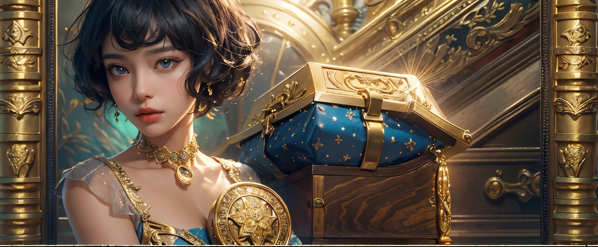 best quality,4k, highres,masterpiece:1.2), ultra-detailed, realistic:1.37, treasure chest holding woman, sexy blue dress, short hair, black hair, gold, jewels, golden coins, radiant skin, sparkling eyes.