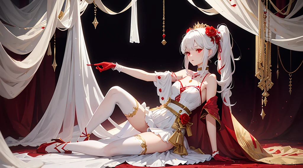 a girl, with a high pony tail and white hair with small red streaks in her hair with the bangs moved to the side, pretty red eyes with long lashes, wearing a flowy mostly white thigh length dress that shows her shoulders with red flowers, small tiny gold jewels on her dress, with as flowy white cape on the side of her dress, with a small fascinator with a gold and red flower, wearing cone heel shoes that are with with a red flower on the left heel, wearing a white see through thigh high on the right leg, blood red thigh belt with red jewels, see through white gloves, has a tattoo of a small star on her right shoulder.