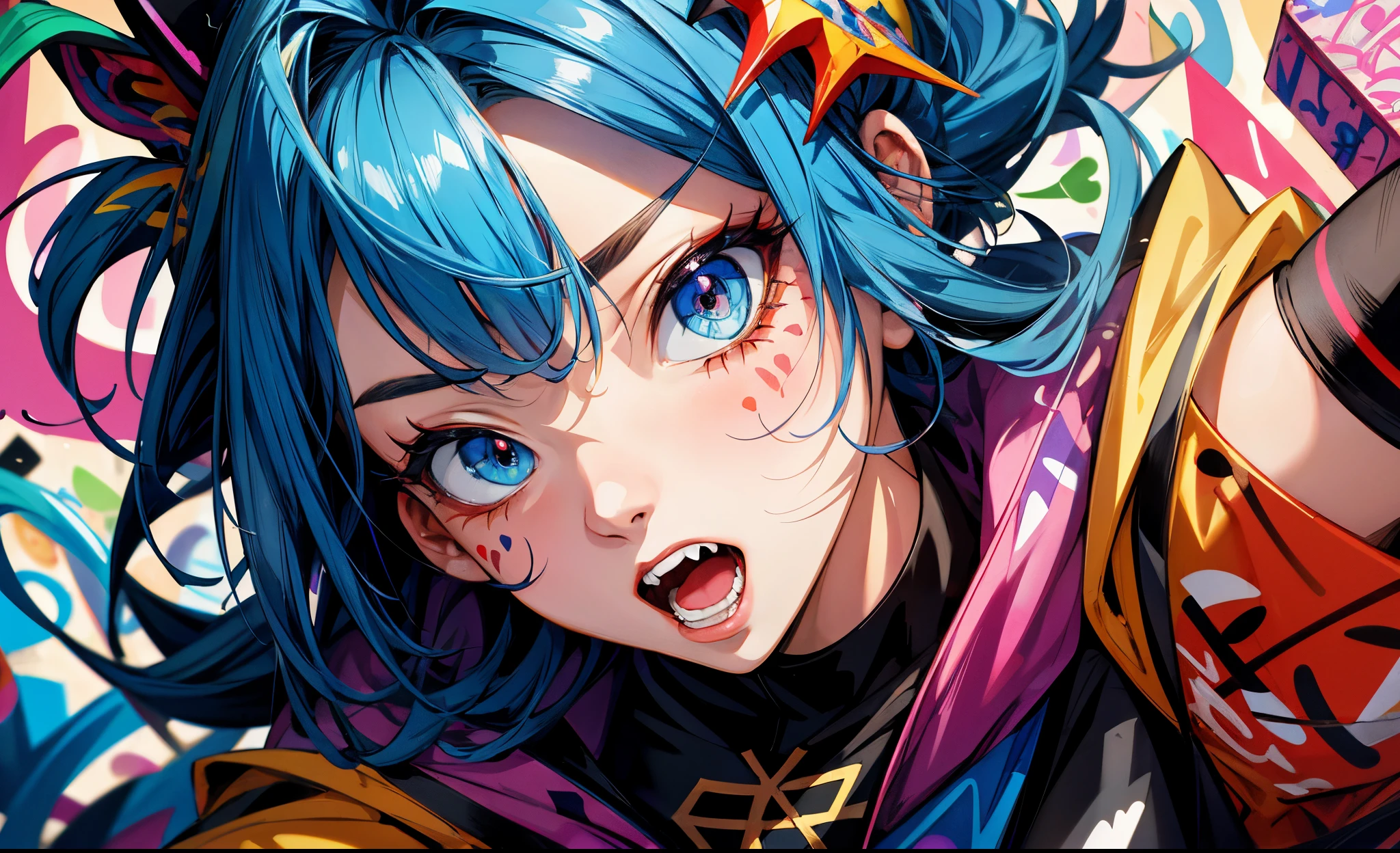 masterpiece, high quality, highres, absurdres, ultra-detailed, detailed eyes, 8k, 1girl, colorful eyes, fangs, open mouth, blue eyes, bangs, hair ornament, colorful background, (graffiti mural walls background), looking at viewer, vibrant, contrast