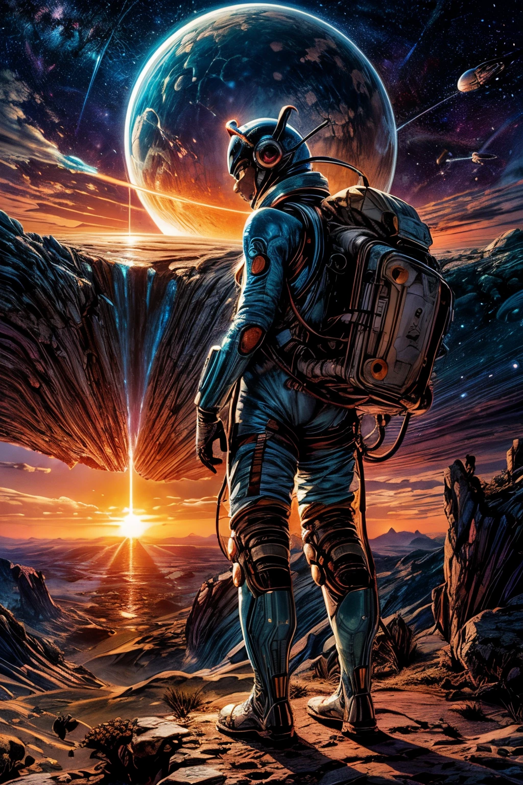 "((Fantastic planet)) panorama at ((sunset)), showcasing a harmony of colors, strange geological formations, ((ants in motion)), futuristic touch with glimpses of ((space suits)), captivating and dreamlike, (highly detailed), breathtaking scenery.