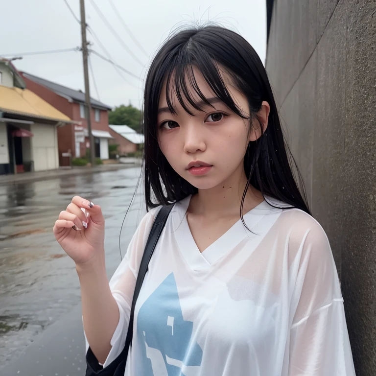 1girl in, 21years old, gradient, up looking_で_viewer, A black_hair, Solo by JM, Yoshiko Akishino, white  shirt