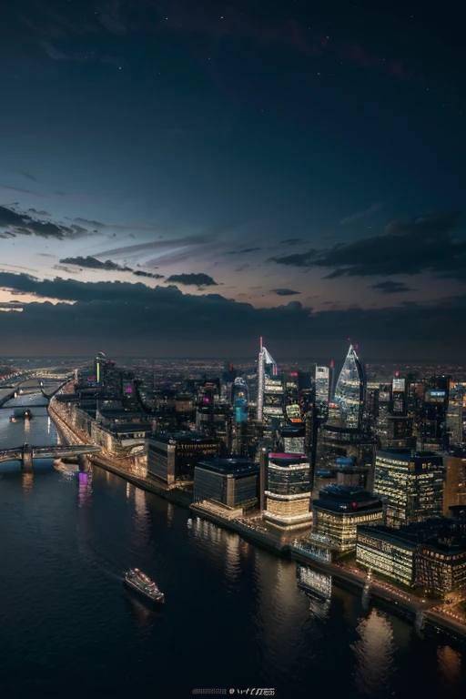 A futuristic cityscape of London at night, with sleek skyscrapers and futuristic architecture towering above the city. The buildings are adorned with holographic displays and neon lights, creating a vibrant and dynamic atmosphere. The Thames River flows through the city, with bridges that are illuminated with colorful lights that reflect on the water's surface. Flying vehicles zoom through the air, showcasing advanced transportation technology. The city is bustling with life, with people of various races and cultures walking the streets, wearing futuristic clothing and accessories. The sky above is filled with hovercrafts and drones, adding to the sense of movement and activity. The color palette is dominated by shades of blue and purple, giving the city a cool and futuristic vibe. The lighting is dramatic, with bright spotlights and neon signs casting dynamic and contrasting shadows. The overall image is of a highly advanced and technologically sophisticated London, representing a glimpse into the future of urban living. (best quality,4k,8k,highres,masterpiece:1.2),ultra-detailed,(realistic,photorealistic,photo-realistic:1.37),HDR,UHD,studio lighting,ultra-fine painting,sharp focus,physically-based rendering,extreme detail description,professional,vivid colors,bokeh,concept artists