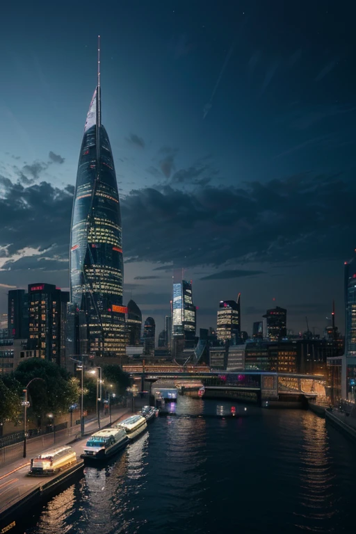A futuristic cityscape of London at night, with sleek skyscrapers and futuristic architecture towering above the city. The buildings are adorned with holographic displays and neon lights, creating a vibrant and dynamic atmosphere. The Thames River flows through the city, with bridges that are illuminated with colorful lights that reflect on the water's surface. Flying vehicles zoom through the air, showcasing advanced transportation technology. The city is bustling with life, with people of various races and cultures walking the streets, wearing futuristic clothing and accessories. The sky above is filled with hovercrafts and drones, adding to the sense of movement and activity. The color palette is dominated by shades of blue and purple, giving the city a cool and futuristic vibe. The lighting is dramatic, with bright spotlights and neon signs casting dynamic and contrasting shadows. The overall image is of a highly advanced and technologically sophisticated London, representing a glimpse into the future of urban living. (best quality,4k,8k,highres,masterpiece:1.2),ultra-detailed,(realistic,photorealistic,photo-realistic:1.37),HDR,UHD,studio lighting,ultra-fine painting,sharp focus,physically-based rendering,extreme detail description,professional,vivid colors,bokeh,concept artists