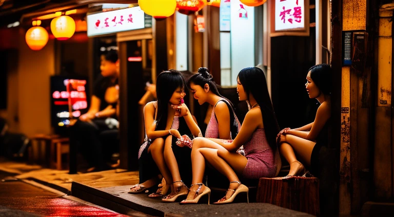 several sexy young Thai women sitting on stools in front of a shop, Kar Wai Wong style, Beautiful and sensual prostitutes, Bangkok, 4 0 9 6, Sitting in a bar, Chinatown bar, Sitting in the bar, Girls, Life in the street, Thai, very vibrant, Sitting alone in a bar, sad, beautiful girl, pretty ladies, Nightlife, Wife, Video still, so, Vibrant atmosphere