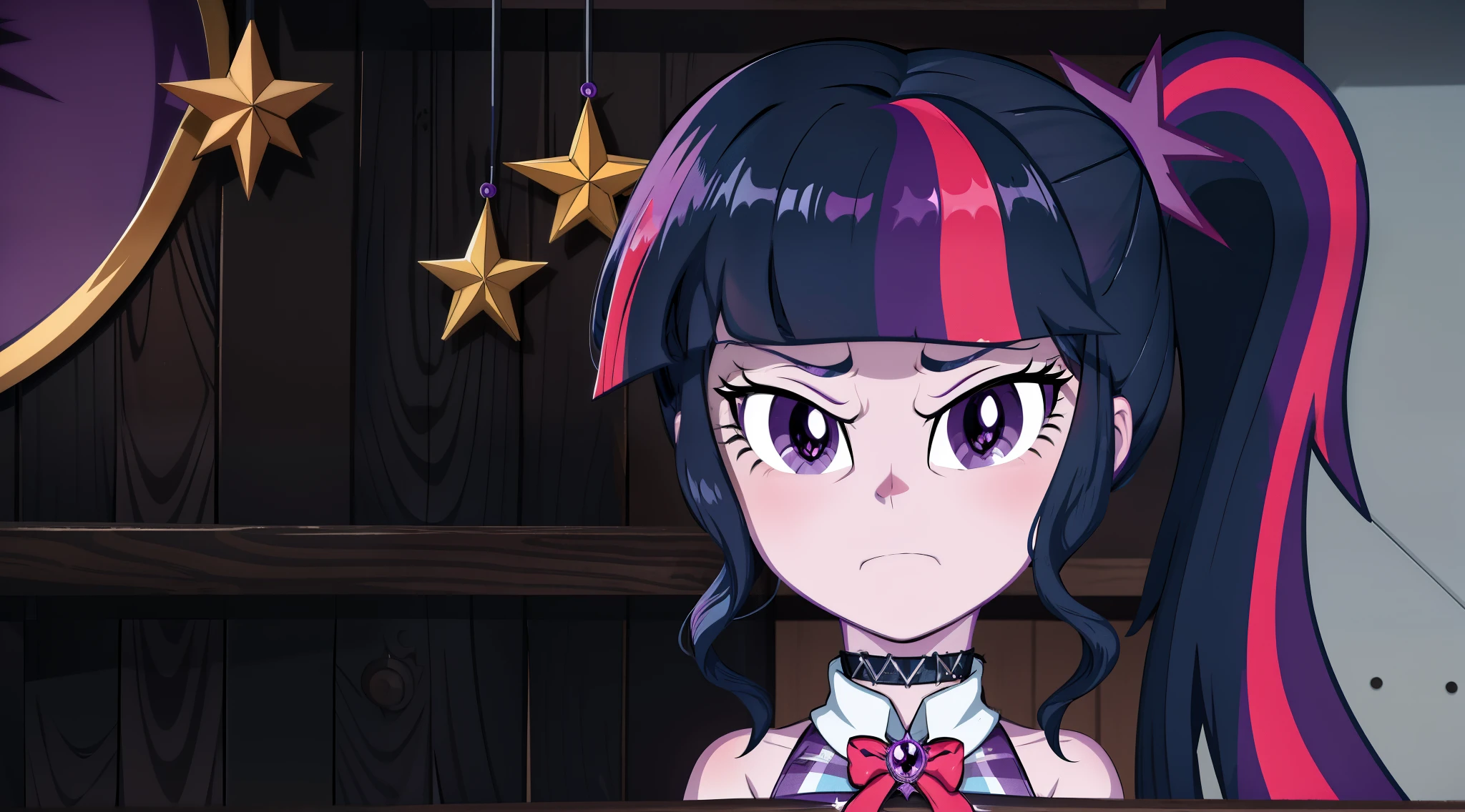 a close up of a cartoon girl with a pony in a room, dark cool twilight, cool twilight, twilight sparkle, but a stern look about her, equestria, fim still, nefarious smirk, dreamcore looking, twilight ray, nighttime!, frowning, slightly smirking, dark night stormcloud, she has tired eyes, anime style”