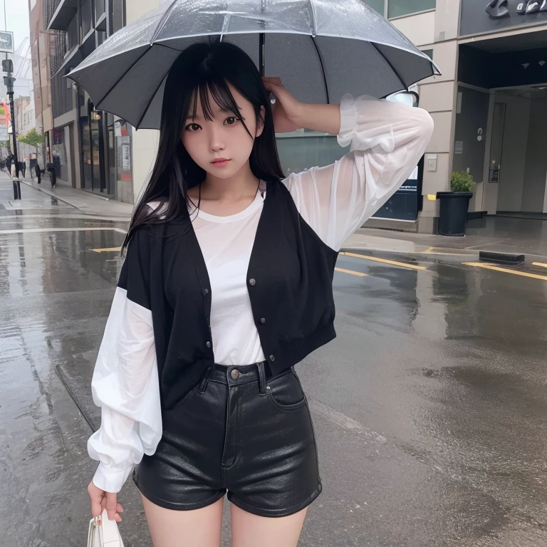 1girl in, 21years old, gradient, up looking_で_viewer, A black_hair, Solo by JM, Yoshiko Akishino, wet from the rain, white shirt