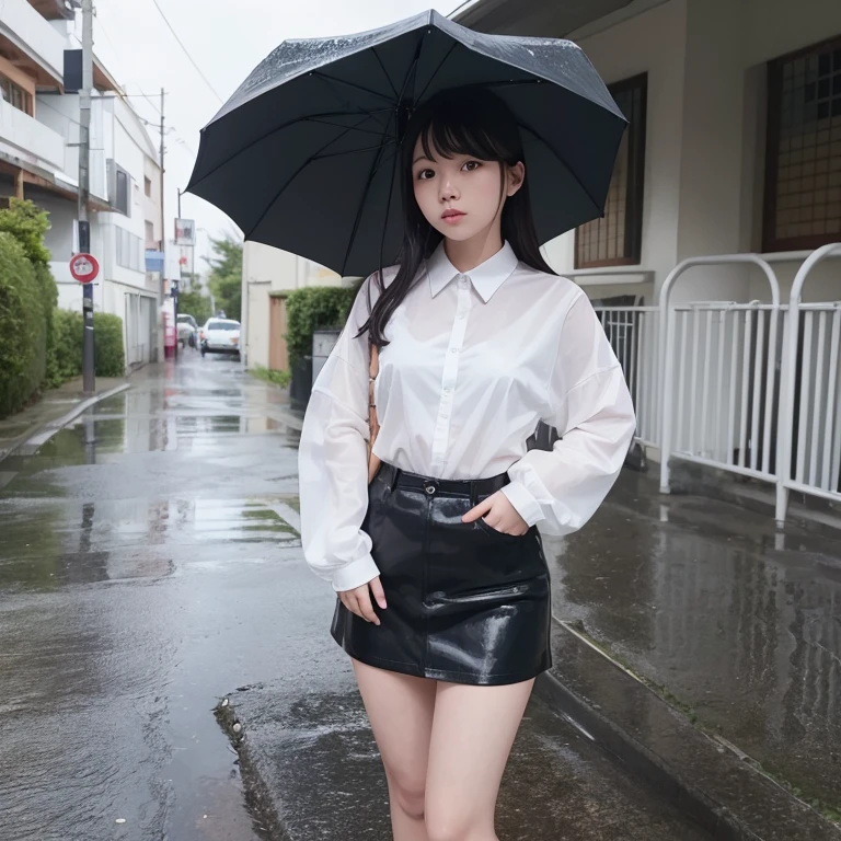 1girl in, 21years old, gradient, up looking_で_viewer, A black_hair, Solo by JM, Yoshiko Akishino, wet from the rain, white shirt