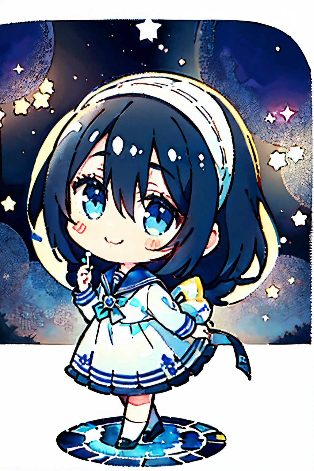 PastelColors:1.5)、(Cute illustration:1.5)、(watercolor paiting:1.2)、Light blue background、girl with、Dark black hair、Moist eyes like blue jewels、tie your hair at the back、校服、a sailor suit、full body Esbian、A smile、Stranger、Pale yellow all over、Moya、marble、colourfull、jello、Jelly Girl、Dreams、nighttime scene、In a dream、fumo、Happiness、Dressed in a dress、1girl in、shooting stars、Fantastical、Lots of stars、Tarot Cards