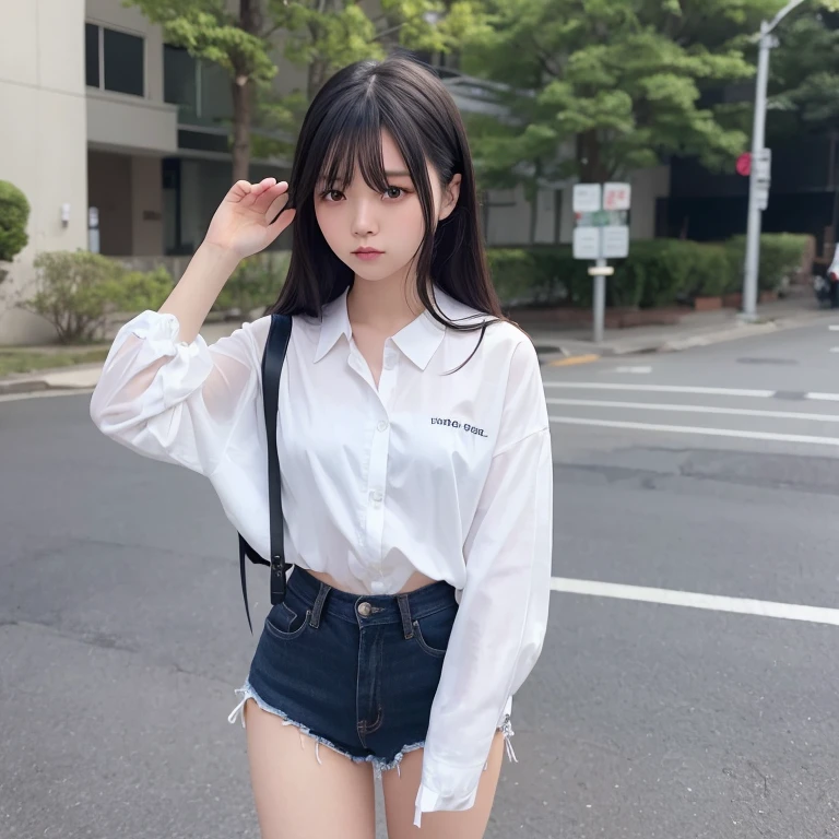 1girl in, 21years old, gradient, up looking_で_viewer, A black_hair, Solo by JM, Yoshiko Akishino, white  shirt