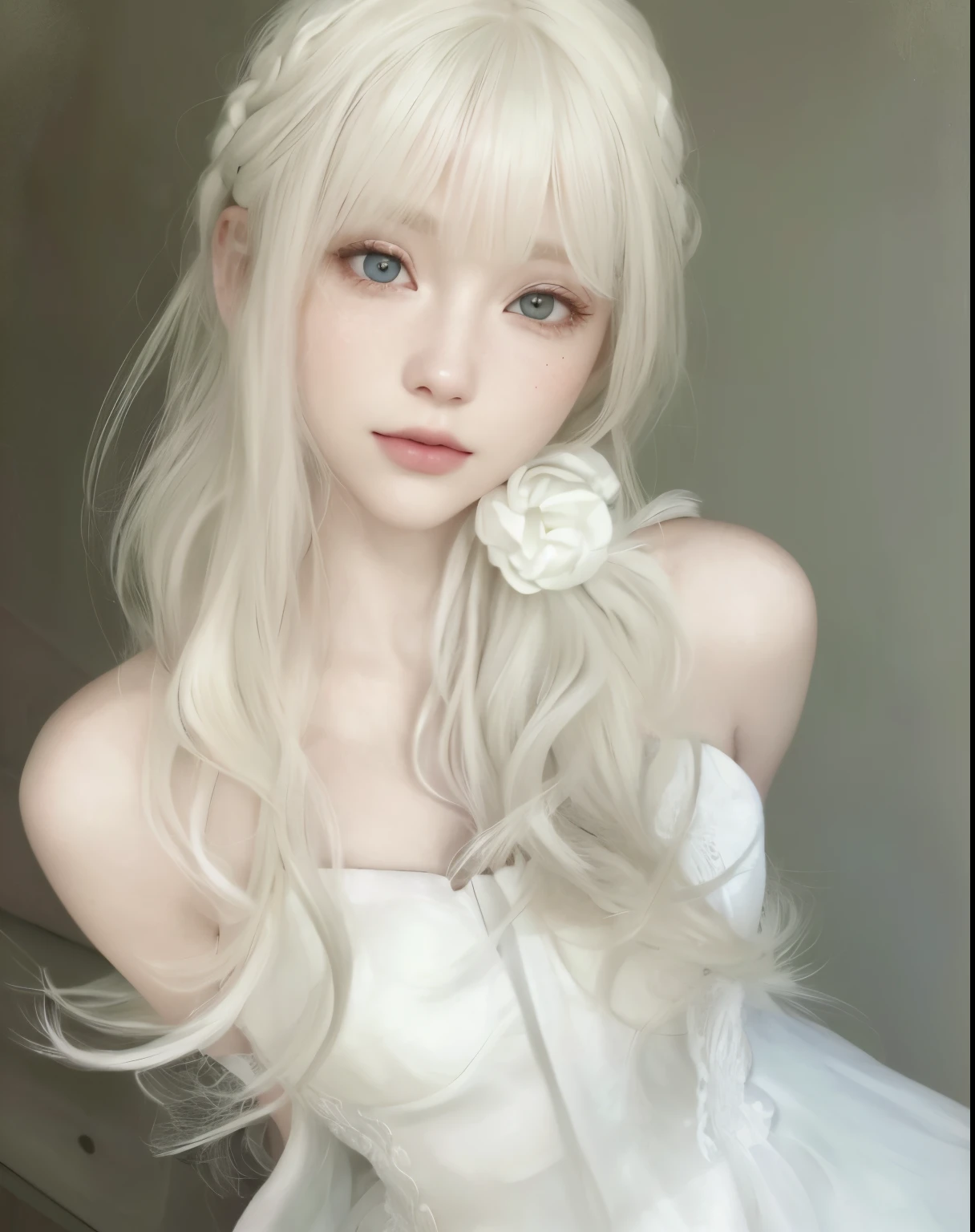 (A Beautiful Young Girl Sitting on a Bench in an Old Castle), A radiant smile graces her face, Revealing her young and shiny, white, glossy skin, Best look achieved under refined, reflective light, (Shiny, bright golden-white hair cascades down, framing her beautiful face), Glittering bangs bounce off her shoulders, Magnificent crystalline clear eyes, large and captivating, A very beautiful and lovely 16-year-old girl with tightly set, beautiful and detailed eyes, A divinely beautiful and delicate nose, Whole body presented at 1.5, Highlighting her captivating eyes with emphasis in her make