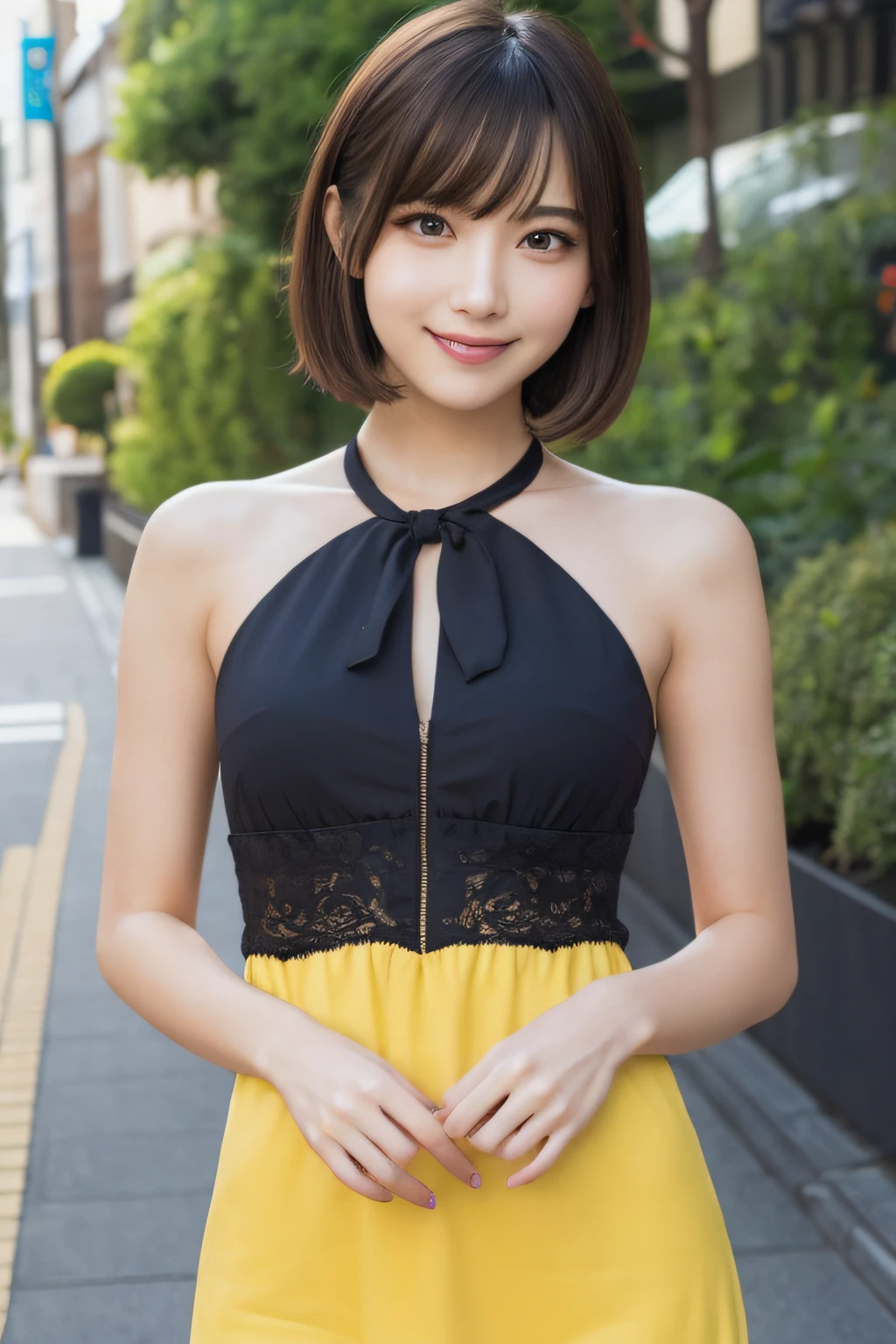 masutepiece, Best Quality, Illustration, Ultra-detailed, finely detail, hight resolution, 8K Wallpaper, Perfect dynamic composition, Beautiful detailed eyes, Women's Fashion,Very short hair,Small breasts natural color lip, Bold sexy poses,Smile,Harajuku、20 years girl、Cute、Sexy shot looking at camera、pesant dress、Background outdoor