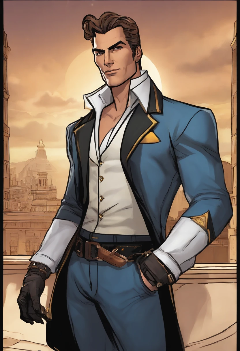 Handsome Jack standing on the balcony of his penthouse suite, overlooking the glittering city lights of Opportunity,Borderlands 2,Appearance: Handsome Jack from Borderlands
Description: Handsome Jack's appearance is distinctive and memorable, reflecting his larger-than-life personality. Here is a meticulous description of his physical features:
Facial Features:
- Face: Handsome Jack has a well-defined and angular face. His facial structure is sharp, with chiseled cheekbones and a prominent jawline.
- Eyes: His eyes are a piercing blue color, often described as icy or intense. They are framed by well-groomed eyebrows and have a calculating and observant gaze.
- Facial Hair: Handsome Jack is typically seen with a clean-shaven face, emphasizing the sharpness of his facial features.
Hair:
- Style: His hair is styled in a slicked-back manner, appearing well-groomed and meticulously maintained.
- Color: His hair is a striking shade of blonde, often described as a vibrant golden hue. It accentuates his charismatic and confident aura.
Attire:
- Clothing: Handsome Jack is often seen in a sharp and stylish outfit that exudes a sense of authority and sophistication. He favors tailored suits in dark colors such as black or charcoal gray, with intricate patterns or subtle detailing.
- Accessories: He adorns himself with accessories that showcase his wealth and power. This may include a sleek tie, cufflinks, and a high-end wristwatch. He may also wear a signature Hyperion mask, which is a white mask with a sinister grin, symbolizing his role as the CEO of Hyperion Corporation.
Physical Build:
- Height: Handsome Jack is of average to slightly above-average height, standing around 5'11'' to 6'0'' (180-183 cm).
- Physique: He possesses a lean and athletic build. While not exceptionally muscular, his physique suggests a level of physical fitness and agility.
Overall, Handsome Jack's appearance reflects his charismatic and confident nature. His sharp facial features, intense blue eyes, and meticulously styled hair contribute to his striking and memorable presence. Combined with his fashionable attire, he presents himself as a figure of power and authority.
Forehead: Handsome Jack's forehead is smooth and slightly rounded, with no prominent lines or wrinkles. It appears relatively proportionate to the rest of his face.
Eyebrows: He has well-defined eyebrows that are groomed and neatly shaped. They are medium in thickness and arched, adding to his expressive and intense gaze. The color of his eyebrows matches his hair color, a vibrant shade of blonde.
Eyes: Handsome Jack's eyes are one of his most striking features. They are a piercing, vibrant blue color, often described as icy or intense. His eyes have a sharp, calculating gaze that can be both captivating and unnerving. The irises stand out prominently against the white of his eyes.
Nose: He has a straight and well-defined nose that complements the angular and sharp features of his face. It is neither too small nor too large, appearing proportionate with the rest of his facial structure. The bridge of his nose is straight, leading to a slightly rounded tip.
Cheekbones: Handsome Jack possesses prominent and defined cheekbones that add a sense of structure and angularity to his face. They are high and well-sculpted, giving his face a distinct and commanding appearance.
Jawline: His jawline is strong and chiseled, adding to his overall rugged and authoritative look. It is well-defined, with a squared-off shape that accentuates the masculinity of his face. The jawline connects seamlessly with his neck.
Lips: Handsome Jack has medium-sized lips that are usually seen in a neutral or slightly smirking expression. They are neither too thin nor too full, striking a balance between refinement and confidence.
Chin: His chin is well-defined and slightly pointed, adding to the sharpness and angularity of his facial structure. It complements his overall handsome and charismatic appearance.
Skin: Handsome Jack's skin appears smooth and well-maintained. It has a fair complexion, often described as having a healthy glow.
His face is adorned by a mask that was grafted directly according to his previous face. He wears it because his normal face was branded with the Vault Symbol when the first Vault was opened in Pandora.