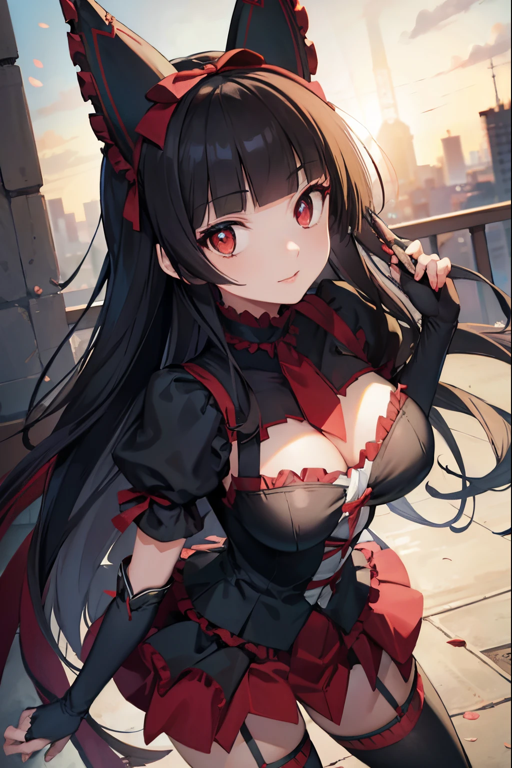 rorymercury, rory mercury, black hair, blunt bangs, hime cut, hair ornament, lipstick, long hair, makeup, large breasts, (red eyes:1.5),
BREAK black gloves, black thighhighs, garter straps, gloves, gothic, hair bow, gothic fashion, puffy short sleeves, puffy sleeves, short sleeves, thighhighs,
BREAK outdoors, city,
BREAK looking at viewer,
BREAK (masterpiece:1.2), best quality, high resolution, unity 8k wallpaper, (illustration:0.8), (beautiful detailed eyes:1.6), extremely detailed face, perfect lighting, extremely detailed CG, (perfect hands, perfect anatomy),