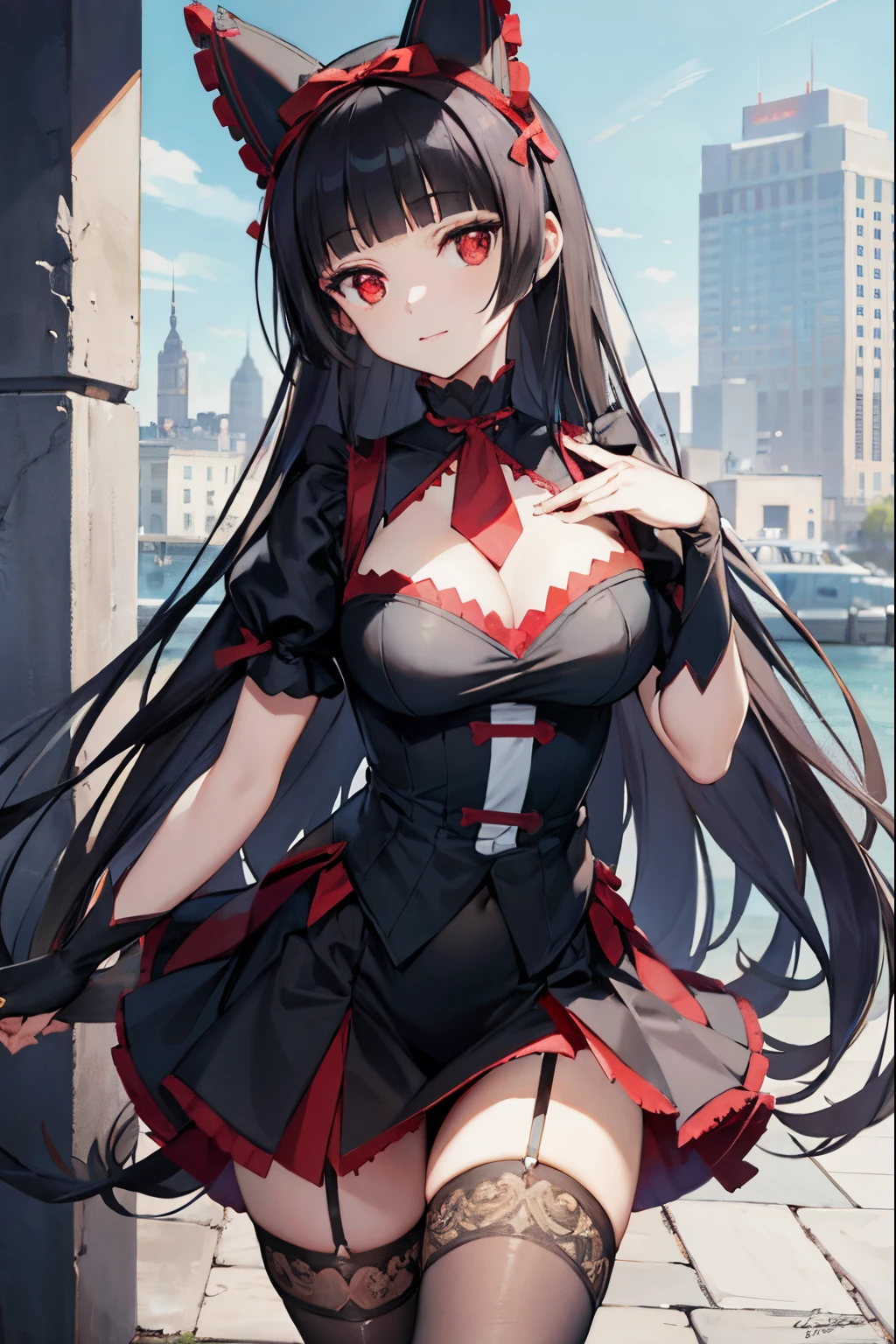 rorymercury, rory mercury, black hair, blunt bangs, hime cut, hair ornament, lipstick, long hair, makeup, large breasts, (red eyes:1.5),
BREAK black gloves, black thighhighs, garter straps, gloves, gothic, hair bow, gothic fashion, puffy short sleeves, puffy sleeves, short sleeves, thighhighs,
BREAK outdoors, city,
BREAK looking at viewer,
BREAK (masterpiece:1.2), best quality, high resolution, unity 8k wallpaper, (illustration:0.8), (beautiful detailed eyes:1.6), extremely detailed face, perfect lighting, extremely detailed CG, (perfect hands, perfect anatomy),