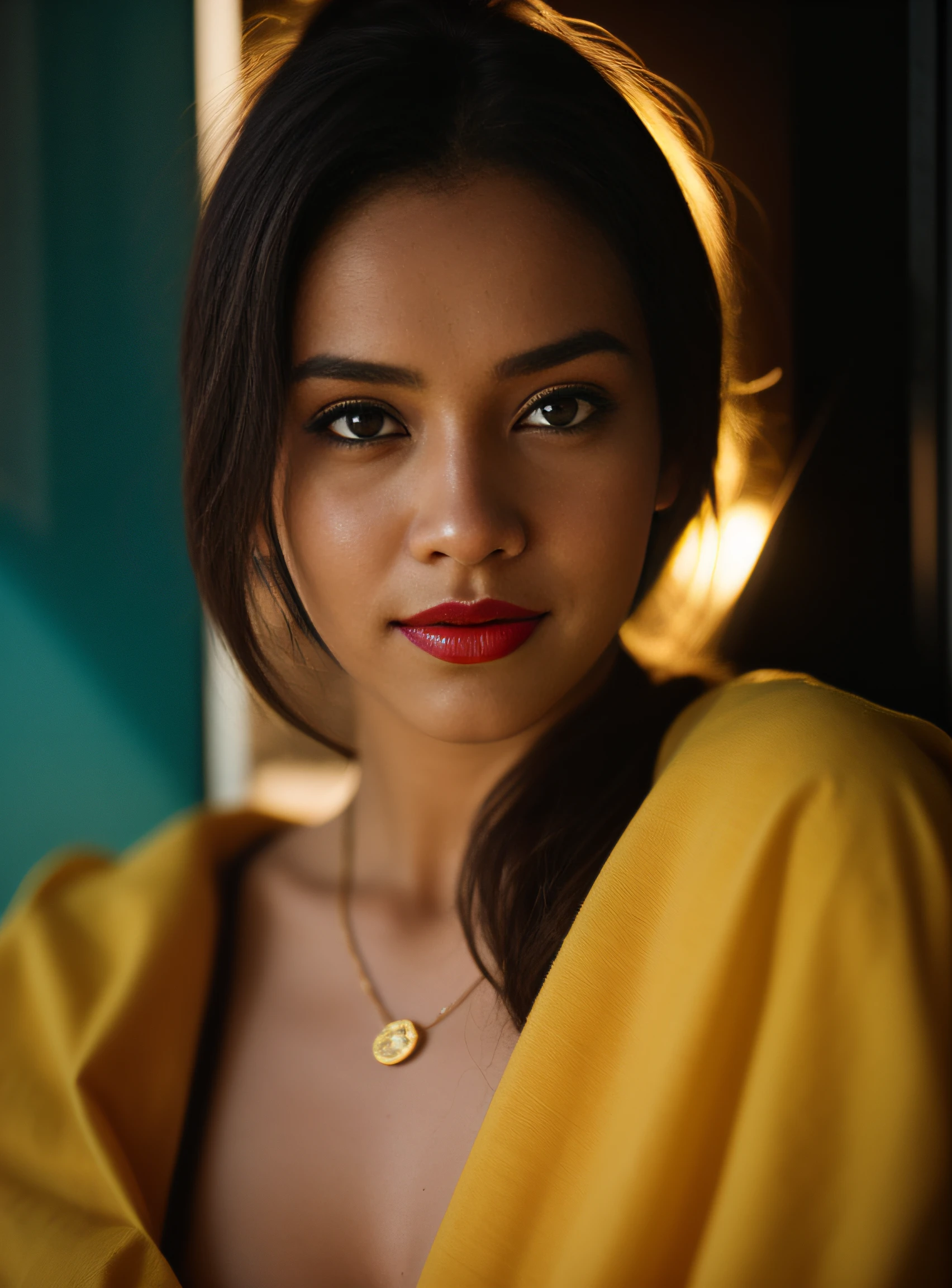 Day scene, close up photo of an indan  from top view, posing under rain, wearing yellow black tshirt and jeans,hollywood red lips, perfect figure wet navel, , ponytail, necklace, look at viewer and smile, (cinematic:1.3), intricate details, (ArtStation:1.2), moody, private study:1.3) POV, by lee jeffries, nikon d850, film stock photograph ,4 kodak portra 400 ,camera f1.6 lens ,rich colors ,hyper realistic ,lifelike texture, dramatic lighting , cinestill 800, realistic,candid picture, by Max Dauthendey