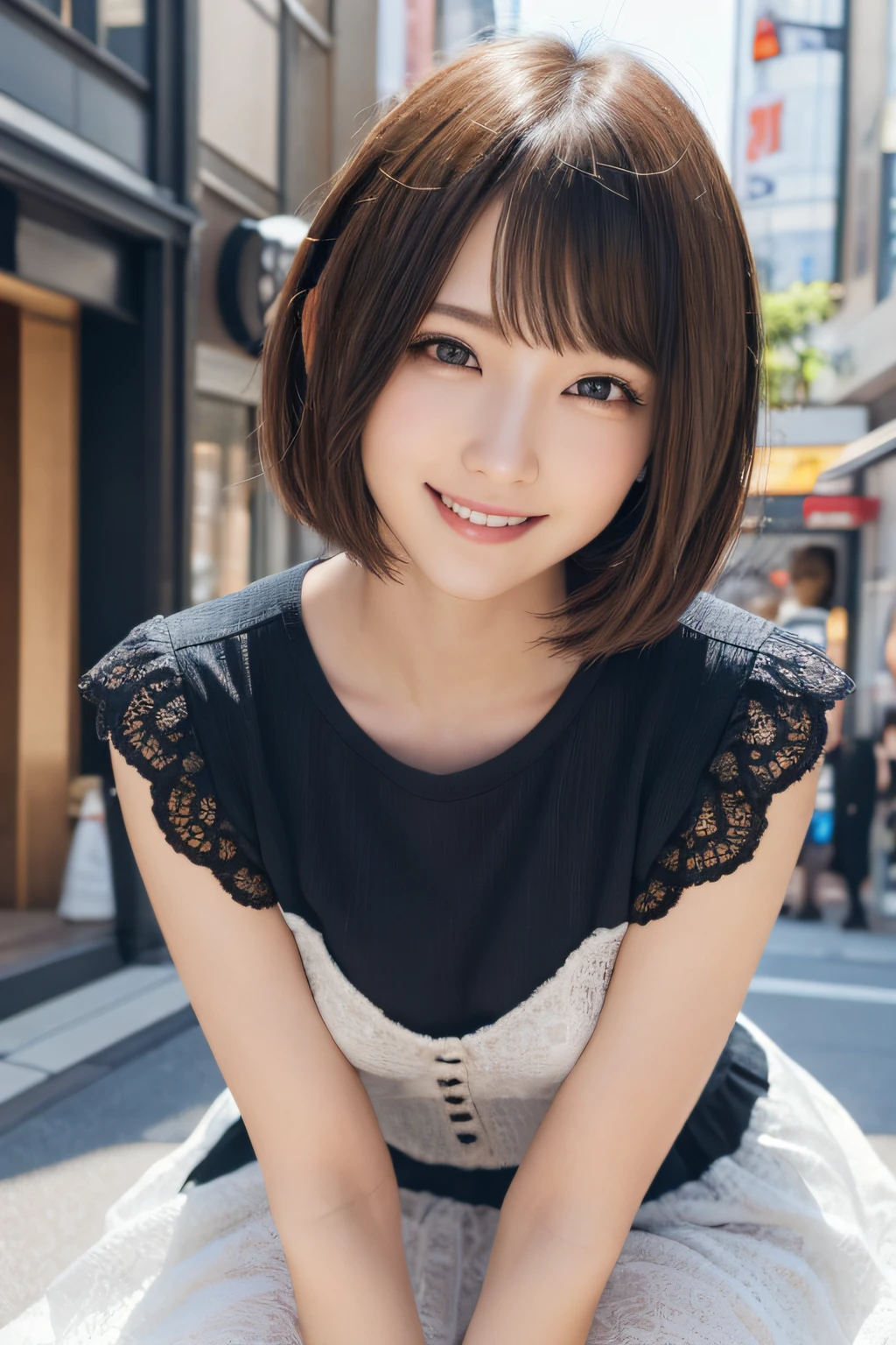 masutepiece, Best Quality, Illustration, Ultra-detailed, finely detail, hight resolution, 8K Wallpaper, Perfect dynamic composition, Beautiful detailed eyes, Women's Fashion,Very short hair,Small breasts natural color lip, Bold sexy poses,Smile,Harajuku、20 years girl、Cute、Sexy shot looking at camera、pesant dress、Background outdoor