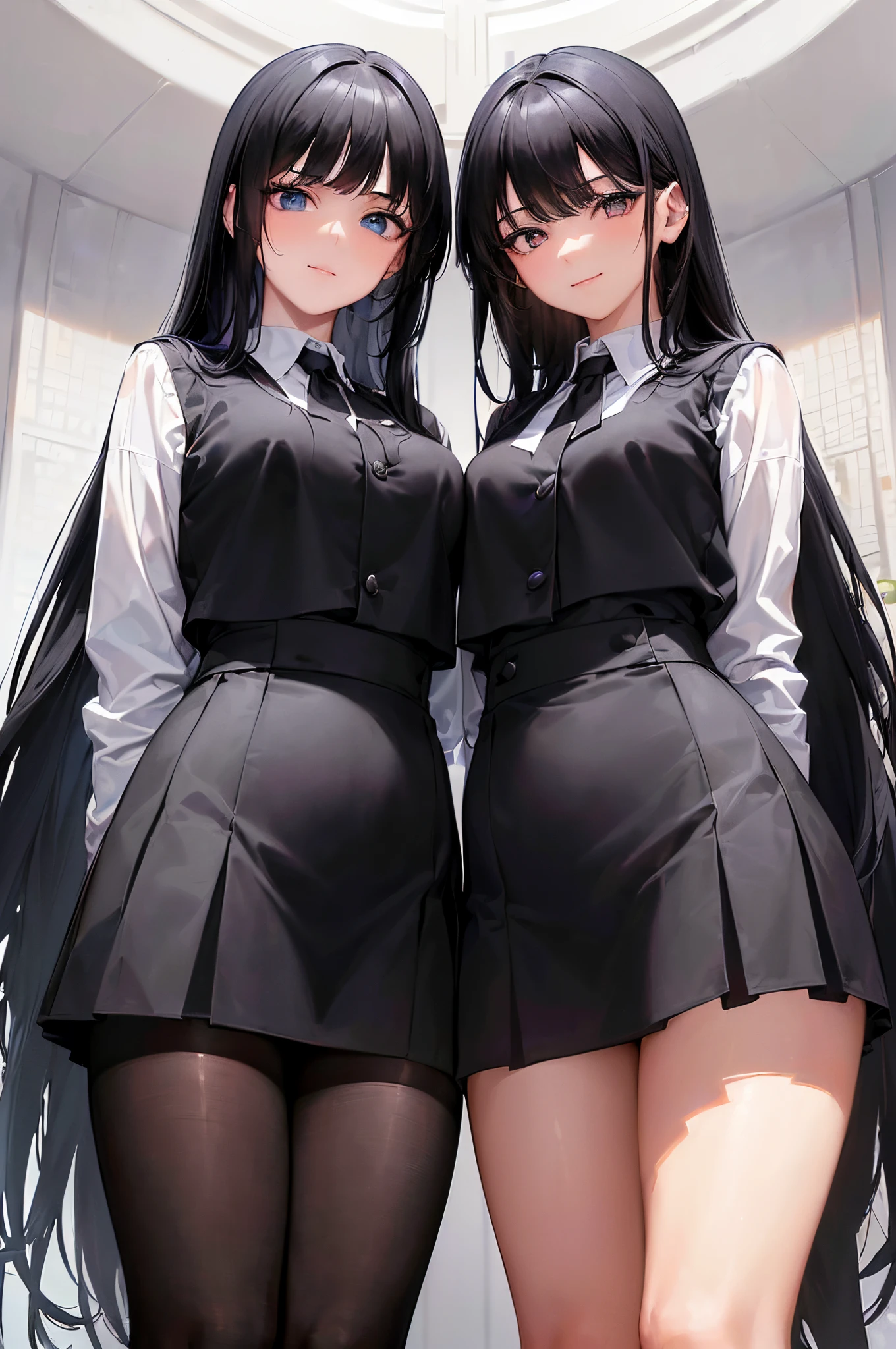 ((8k)), ((masterpiece)), ((prefect face)), ((expressive eyes)), (((two women with long black hair in school uniforms standing side by side looking at viewer))), ((tights)), ((tall)), (((from below)), ((looking at viewer)), ((slight smile)), ((realistic lighting)), bangs, ((black hair)), (eyebrows under bangs), centered