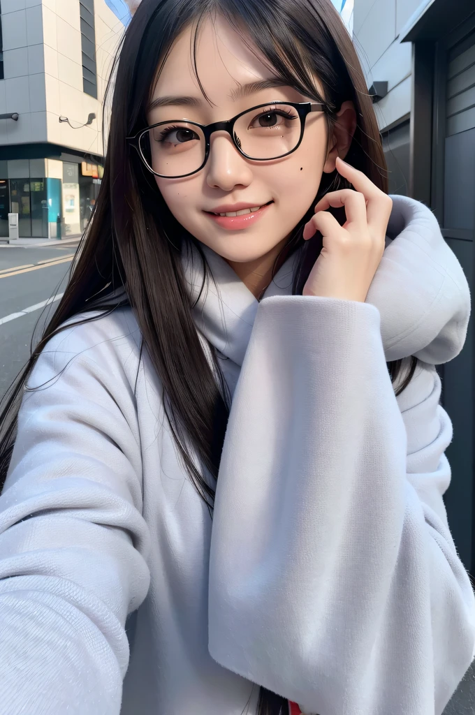 ((japanaese girl)), 8K, Raw photo, Best Quality, ultra-detailliert, Ultra High Resolution, Realistic, photographrealistic, high-definition RAW color photography, professional photograpy, Extremely detailed, 8K Wallpaper, amazing, finely detail, Huge file size, extra detailed face, extremely detailed eye, highlydetailed skin, extremely detailed fingers, highly detailed nose, highly detail mouth, Perfect Anatomy, Highly detailed background, Realistic body, Good figure, blown hair, Cute face, Photography, (Happy smile), Perfect Skin, Perfect Anatomy, (glasses), (Mole), swept bangs, ((winter)), long coat, muffler, full black eyes,