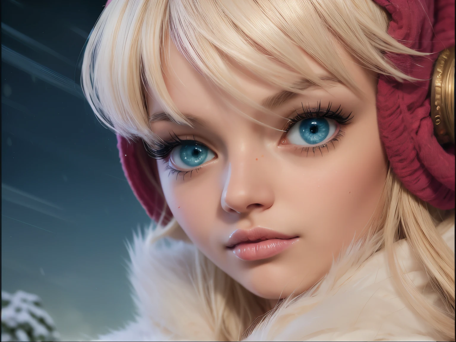 Masterpiece, watercolor: High resolution. Very detailed. realistic. ultra-realistic. Close-uo of female. Young woman. 1girl. Slightly side view. Looking the horizon. About 20 years old. Nordic. Delicate facial features. detailed face. Pretty Big and beautiful green eyes. Big eyes. (symmetric eyes`s iris). Slightly speared rose lips. Fur scarf. Pretty long blonde hair. Bangs. Ears cold protection. Snow storm background. Cinematic light.