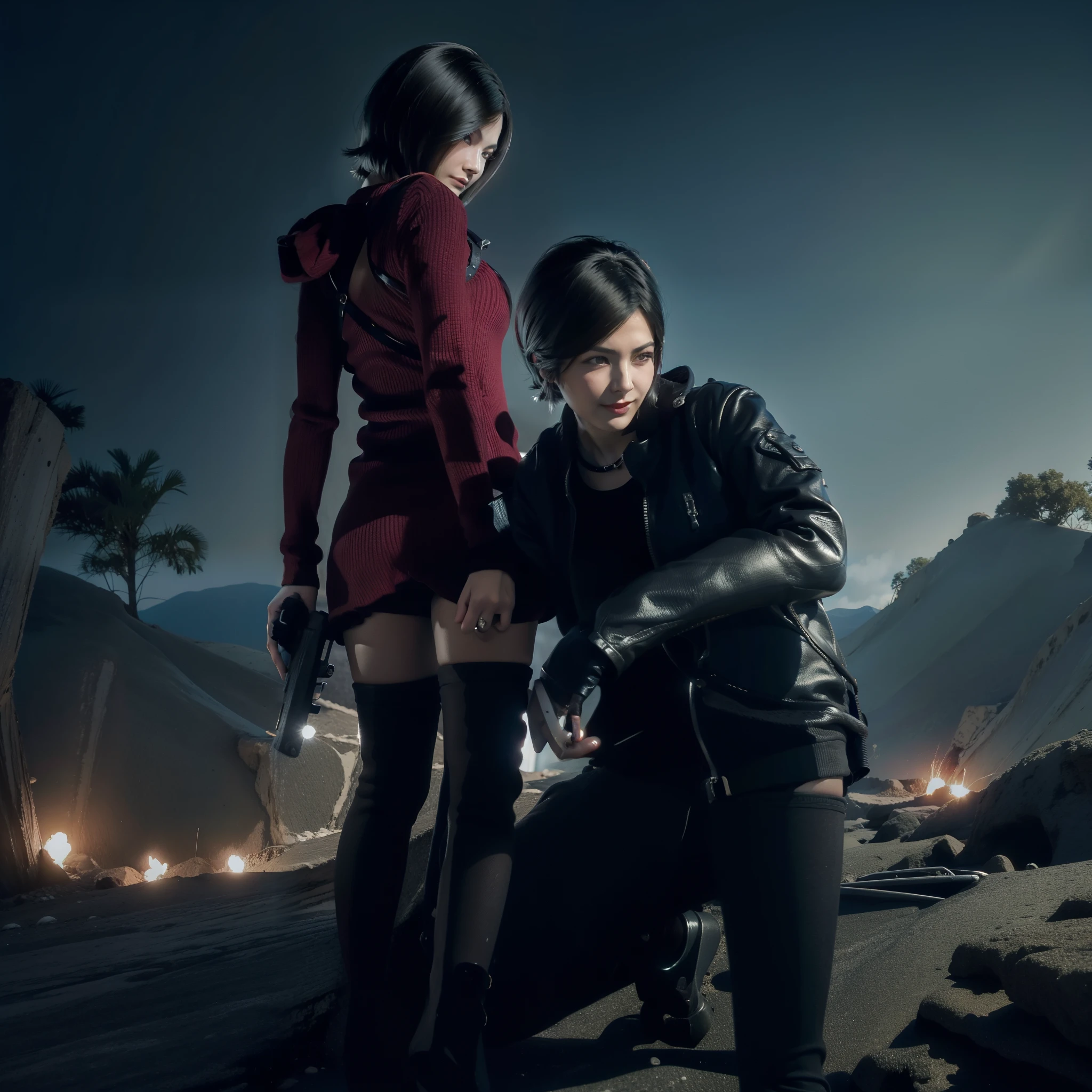 Woman, wearing mini red dress, bob hair, black nail polish, holding a gun, Glazed eyes, little smile