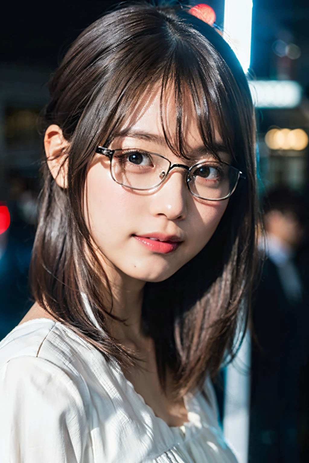 、、Looking at the audience、(Highest quality、masterpiece)))、High resolution、Very detailed、masterpiece、Light、(8K、Highest quality、masterpiece:1.2)、(Realistic、Realistic:1.37) High resolution、Super detailed、Woman wearing glasses、Round glasses with thin frames、Light colored eyeglass frames、Asian, cute, cute顔, alone, Short Hair 1.2, Textured skin, , Detailed night view, Light, Written boundary depth, レンズフレアLight、smile、Small breasts、Beautiful and detailed eyes、Twin tails、、Floating Hair Nova Frog Style、Leaning forward,Cleavage,Leather Jacket, Formal shirt,library,Sitting