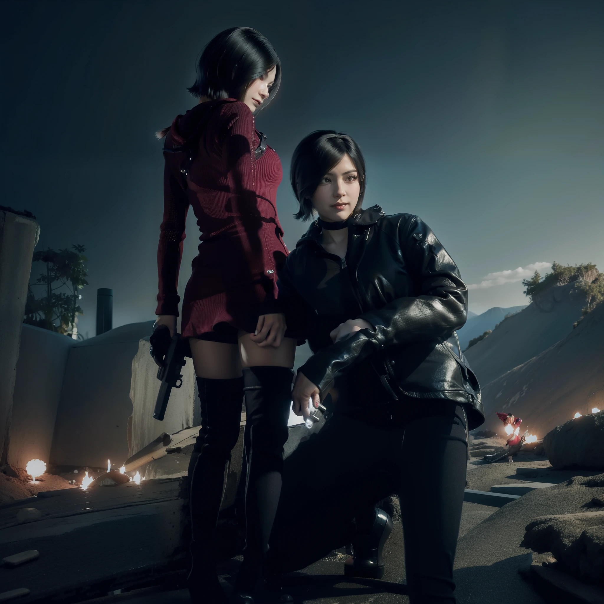 Woman, wearing mini red dress, bob hair, black nail polish, holding a gun, Glazed eyes, little smile