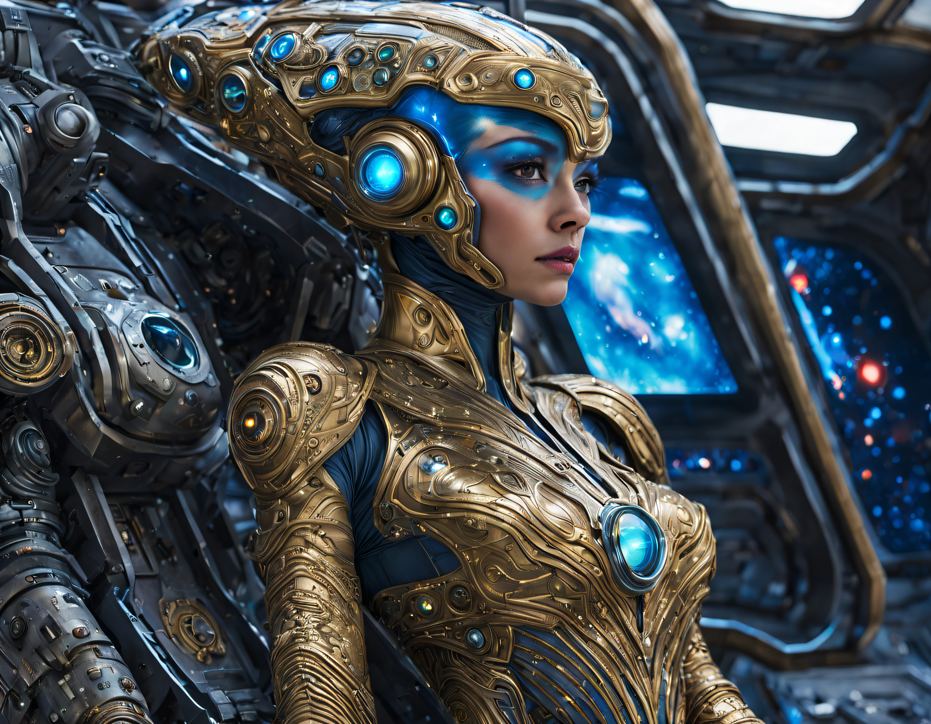(cuerpo completo), extraterrestrial alien female similar to Lihö-Minaa princess of the people of the planet mül from the film Valerian and the city of a thousand planets , cuerpo atletico y exuberante, vestida de traje de noche corto, engarzado con oro refulgente, priedras preciosas de colores y diamantes, ((se encuentra en centro de control de estacion espacial)), detalles intrincados de la maquina de alta calidad), estilo cinematografico, nitidez absoluta, imagen 8k.(obra maestra).fondos de pantalla, ultra detallado.