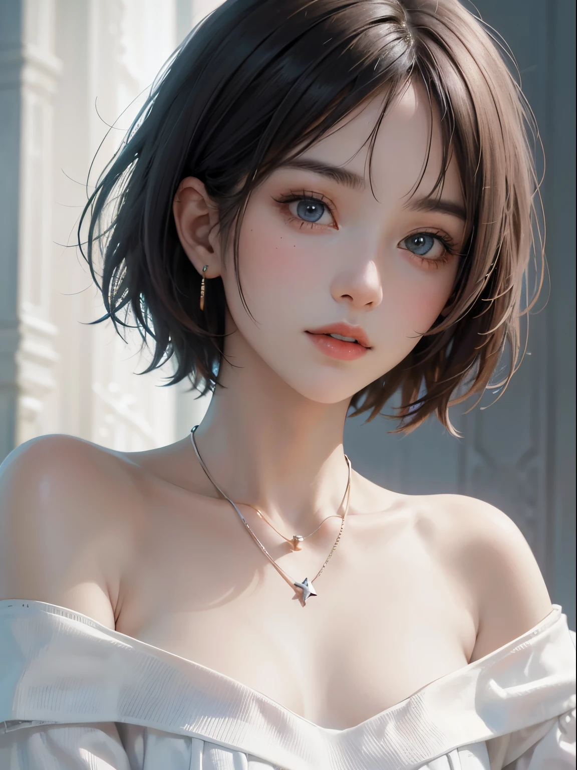 (Masterpiece:1.3), (8K, Photorealistic, RAW Photography, Best Quality: 1.4), Japan People, (1 Girl), Beautiful Face, (Realistic Face), (Black Hair, Short Hair:1.3), Beautiful Hairstyle, Realistic Eyes, Beautiful Details, (Realistic Skin), Beautiful Skin, Attractive, Ultra High Definition, Ultra Realistic, High Detail, Golden Ratio, (Fatal Face:1.2), Look at the Beholder,Smile, Open white shirt,middle chest,standing,hands on hips,one beautiful woman shouldered out shirt,(Open all buttons:1.1), big breasts, deep cleavage, top quality, masterpiece, illustration, very delicate and beautiful, very detailed, CG, unity, 8K wallpaper, amazing, fine details, highly detailed CG Unity 8K wallpaper, huge file size, very detailed, high resolution, Handsome Detail Woman, Highly Detailed Big Eyes and Face, Amazing Detailed Eyes, Face Light, (Best Illustration: 1.1), Ultra High Resolution, (Photoreal: 1.1), (Photoreal: 1.2:1.1), Realistic Face Proportions, Slender, Smile, (Makeup: 0.4), (Fluffy Light Colored Eyes: 1.21), Light Colored Eyes, Round Eyes, Look at the Beholder, Dark Brown Hair, Earrings, necklaces, hairpins, (irregular irregular skin defects, veins, wrinkled pores on the skin: 1.2), white background, (bokeh: 1.4), very short hair, short bob, oil on skin, oil on the face, gloss on the skin, gloss on the face, gloss on the lips, gloss on the chest, gloss on the chest, glossy skin, smile, smile, beautiful teeth, beautiful bangs, beautiful collarbone, long neck, big eyes, clear eyes, Clear double eyelids, ears out, outrageously cute, overwhelming beauty, highlights in the eyes, thick bangs, bangs