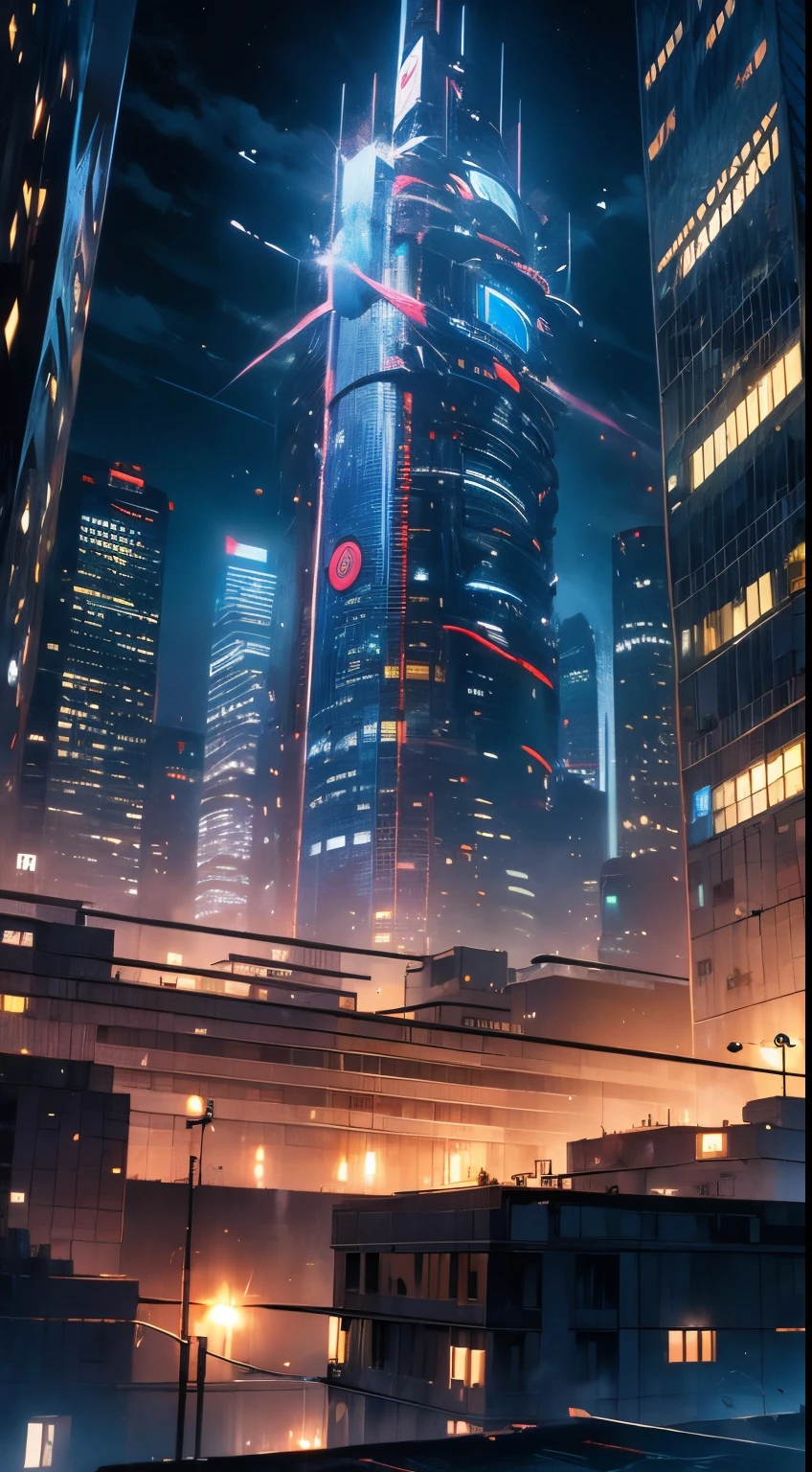 science fiction, cyberpunk, night, tower, building, symbol, bird's eye view, citadel