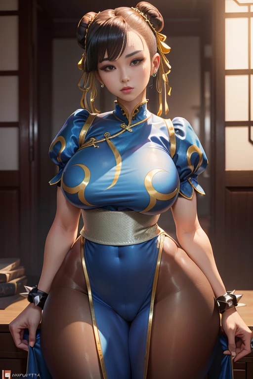 Chun-Li, 40_Anos_velho, mature-looking woman, MILF, (1girl), sozinho:1.4, (em um qipao azul e dourado_bordado posando para uma foto, clivagem, leggings marrons, tanga) Retrato de Chun-Li, (marrom_olho, curto_Hair, marrom_Hair, Dobrar_bom), Oppai, Oppai proportions, anime hiper-realista, Deusa japonesa, altamente detalhado, grande_seios, clivagem, Contorno do mamilo, pele brilhante, Corpo Perfeito, rosto perfeito, figura completa hiperrealista