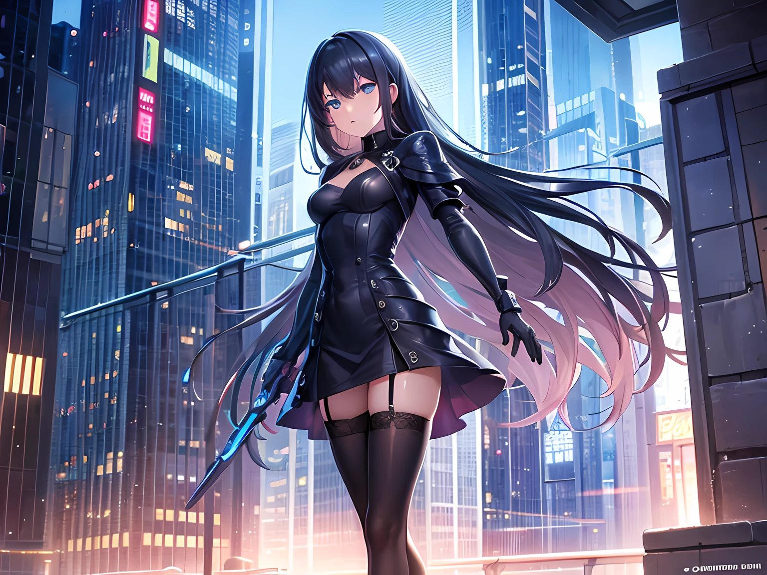 (1 girl), (black hair, pink fringes, long straight hair), ultra detailed blue starry eyes, blush, torn military bodysuit, long skirt, (exposed legs), black glossy pantyhose, medium breasts, close-up