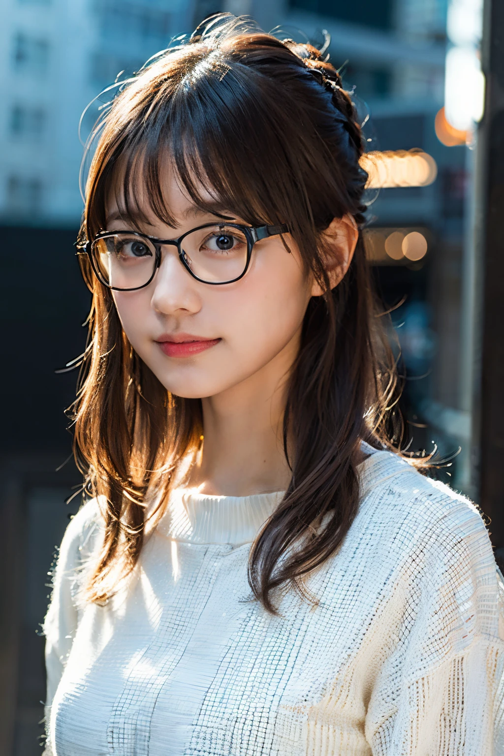 (8K、Raw photography、top-quality、masterpiece:1.2)、(realisitic、Photorealsitic:1.37)、ultra-detailliert、超A high resolution、1人、see the beholder、beautifull detailed face、A smile、Constriction、(Slim waist) :1.3)、((White blouse clothes))、Beautiful detailed skin、Skin Texture、Floating hair、((Hair bunched into one))、Professional Lighting、In front of the station at noon、((Black square glasses))、Whole human body、Brown hair