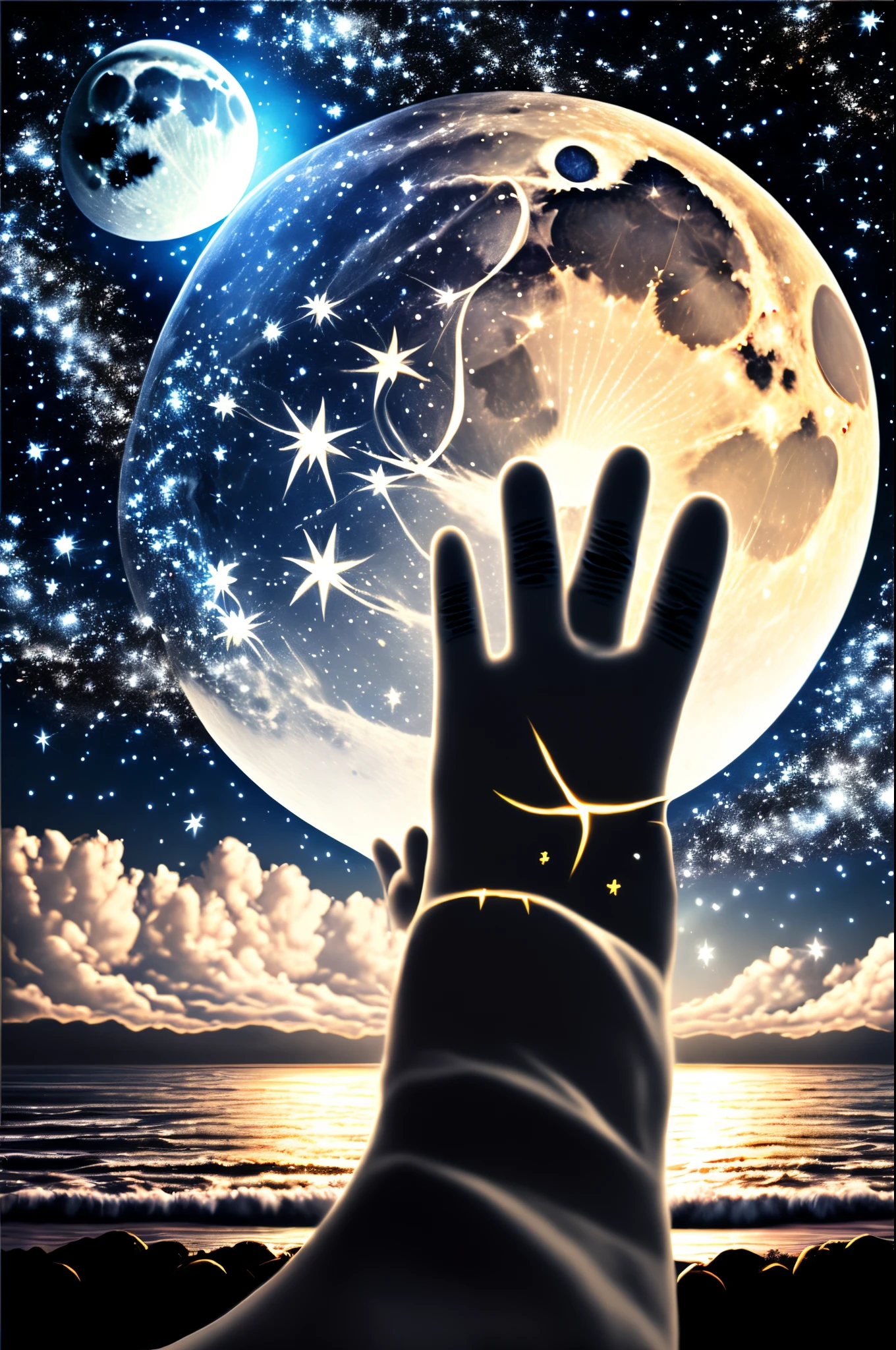 A hand reaches out to the starry sky，The bright moon rises on the sea，A cloud next to the bright moon