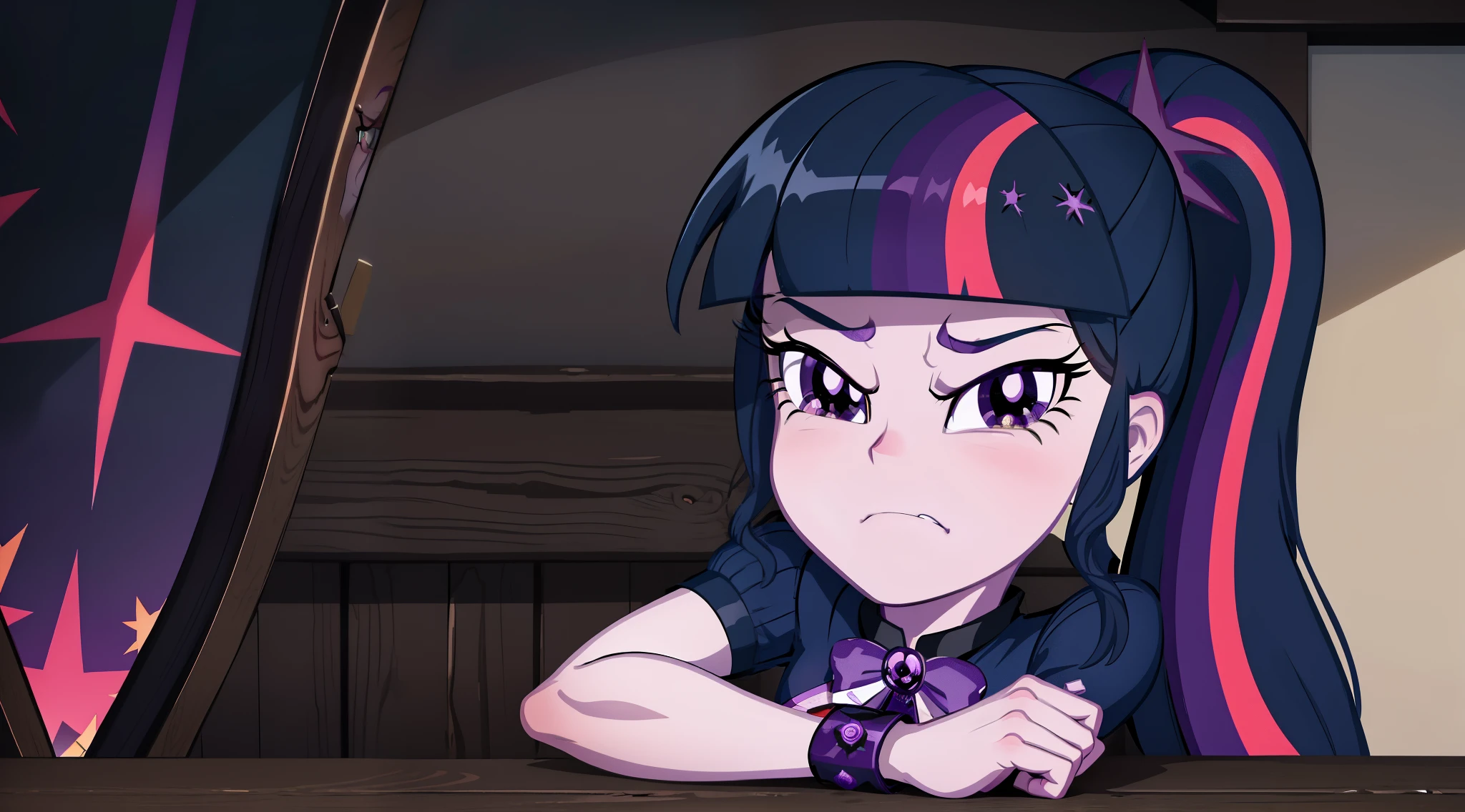 a close up of a cartoon girl with a pony in a room, dark cool twilight, cool twilight, twilight sparkle, but a stern look about her, equestria, fim still, nefarious smirk, dreamcore looking, twilight ray, nighttime!, frowning, slightly smirking, dark night stormcloud, she has tired eyes, anime style”